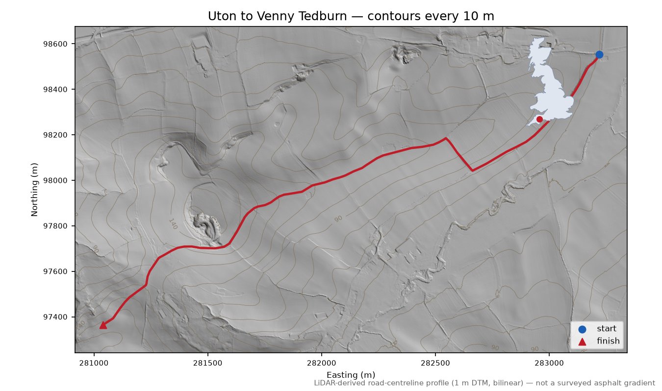 Uton to Venny Tedburn LiDAR hillshade map with contours