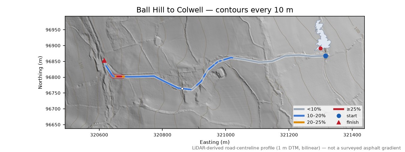 Ball Hill to Colwell LiDAR hillshade map with contours