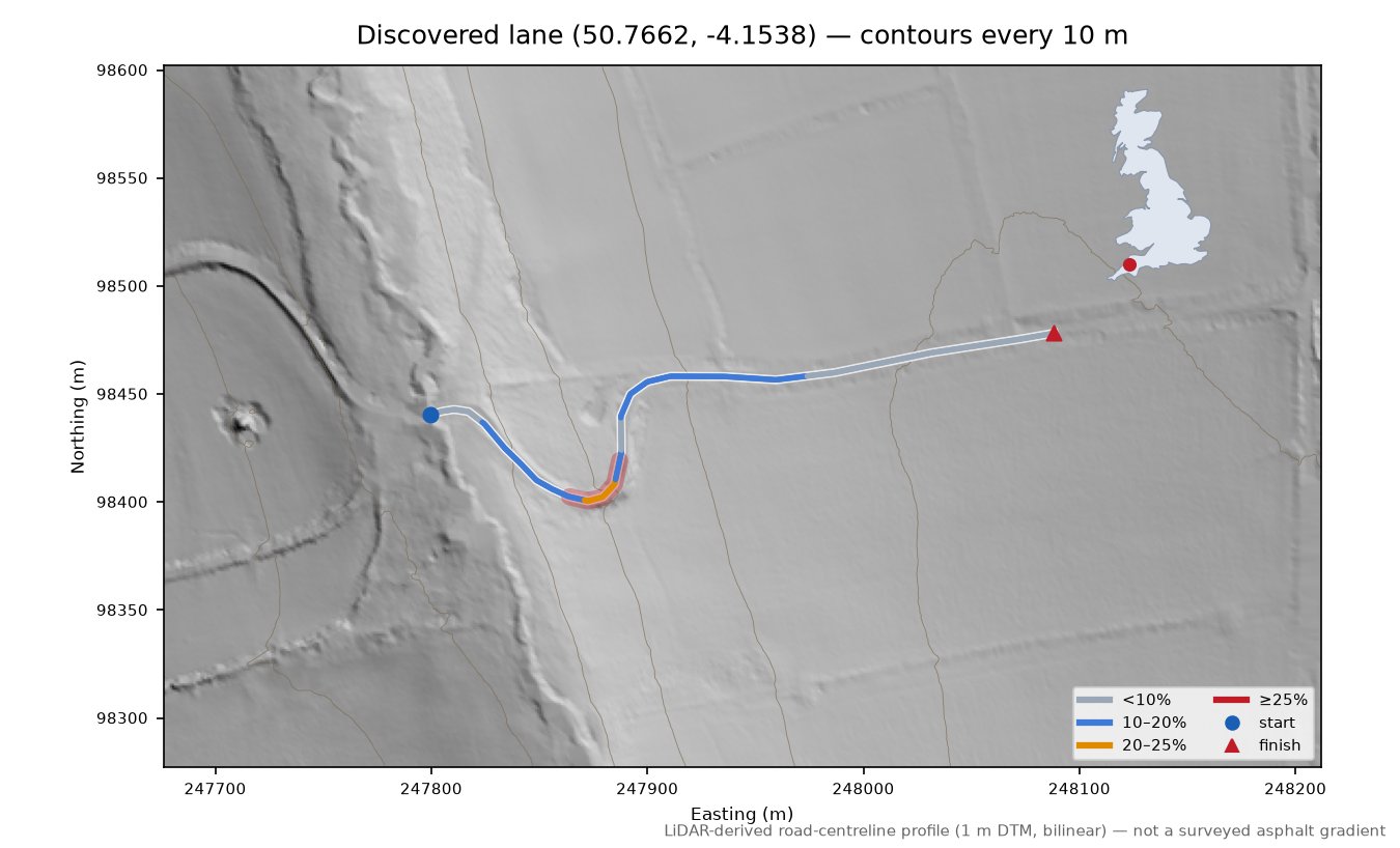 Discovered lane (50.7662, -4.1538) LiDAR hillshade map with contours