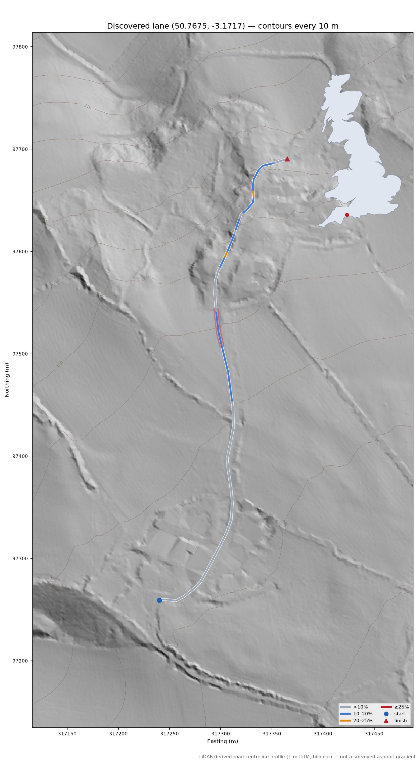 Discovered lane (50.7675, -3.1717) LiDAR hillshade map with contours