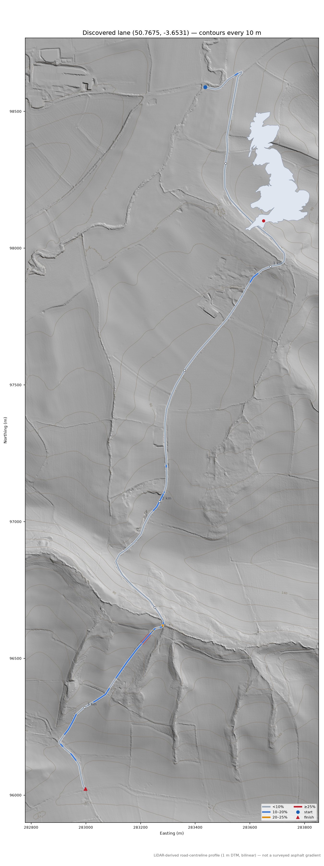 Discovered lane (50.7675, -3.6531) LiDAR hillshade map with contours