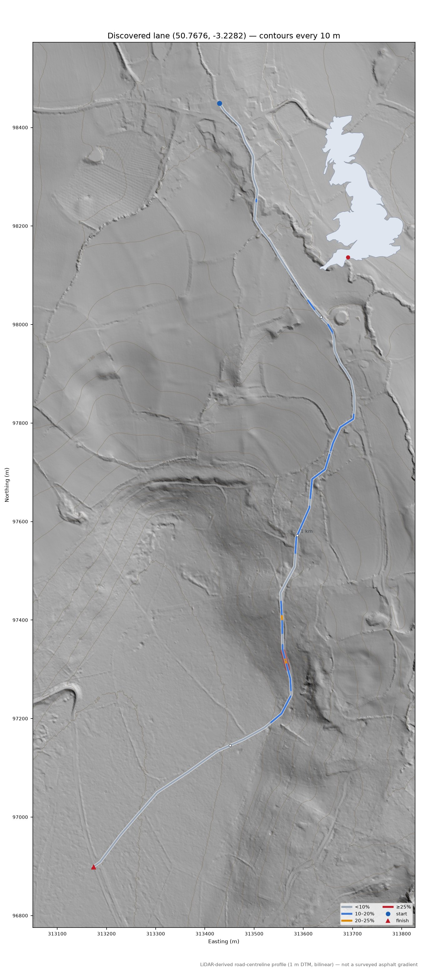 Discovered lane (50.7676, -3.2282) LiDAR hillshade map with contours