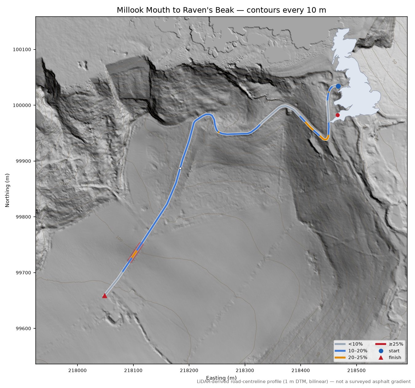 Millook Mouth to Raven's Beak LiDAR hillshade map with contours