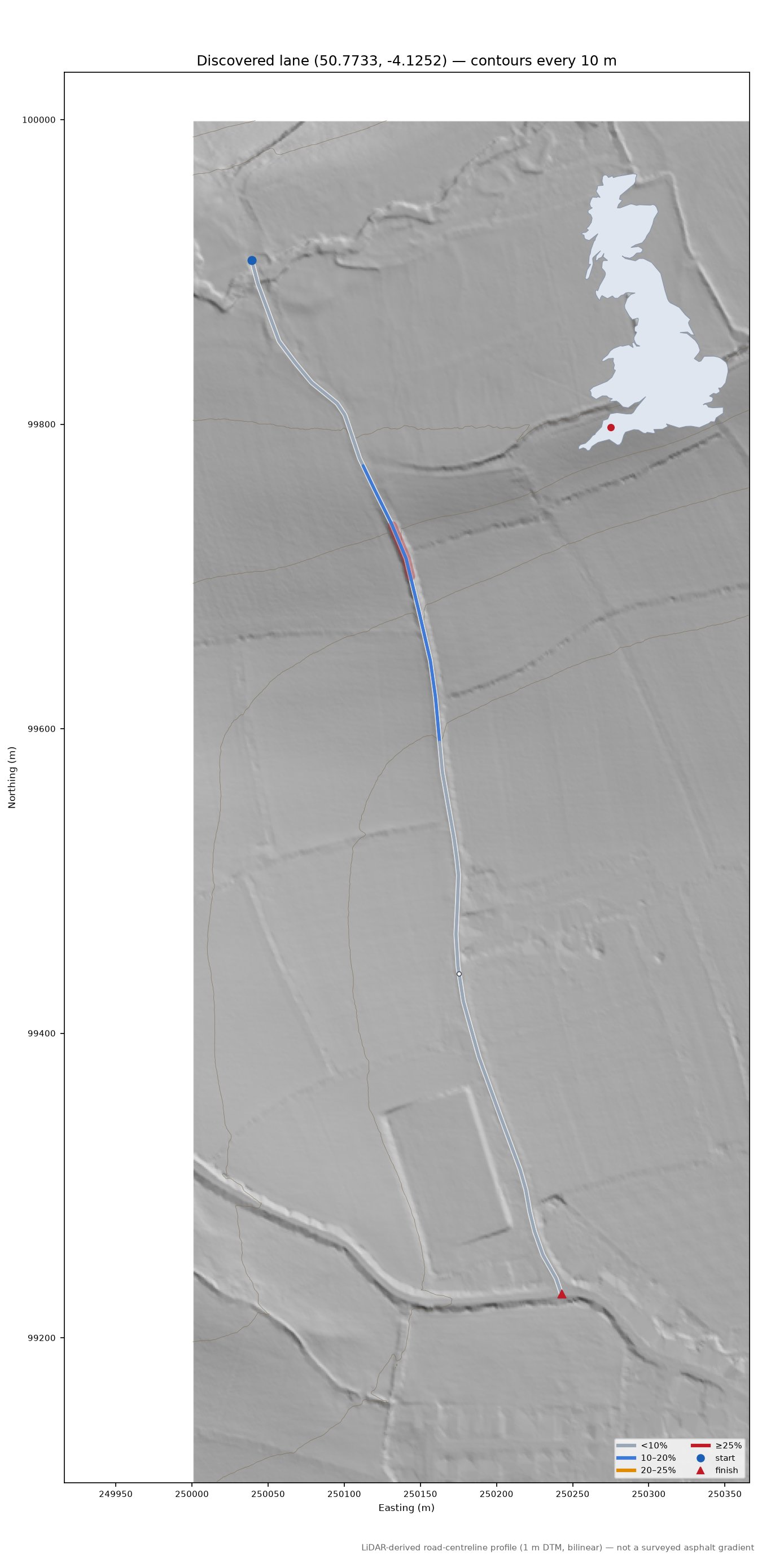 Discovered lane (50.7733, -4.1252) LiDAR hillshade map with contours