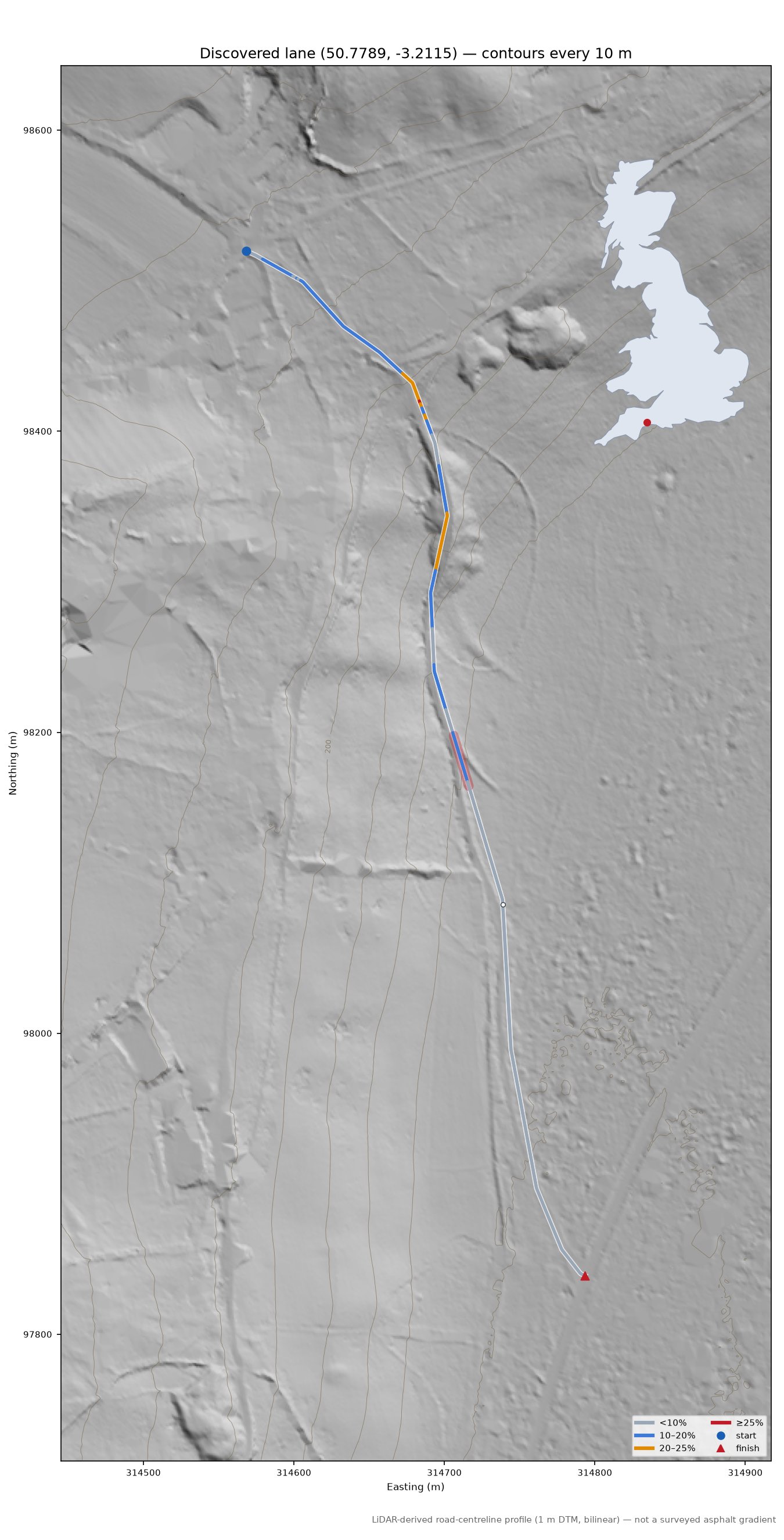 Discovered lane (50.7789, -3.2115) LiDAR hillshade map with contours