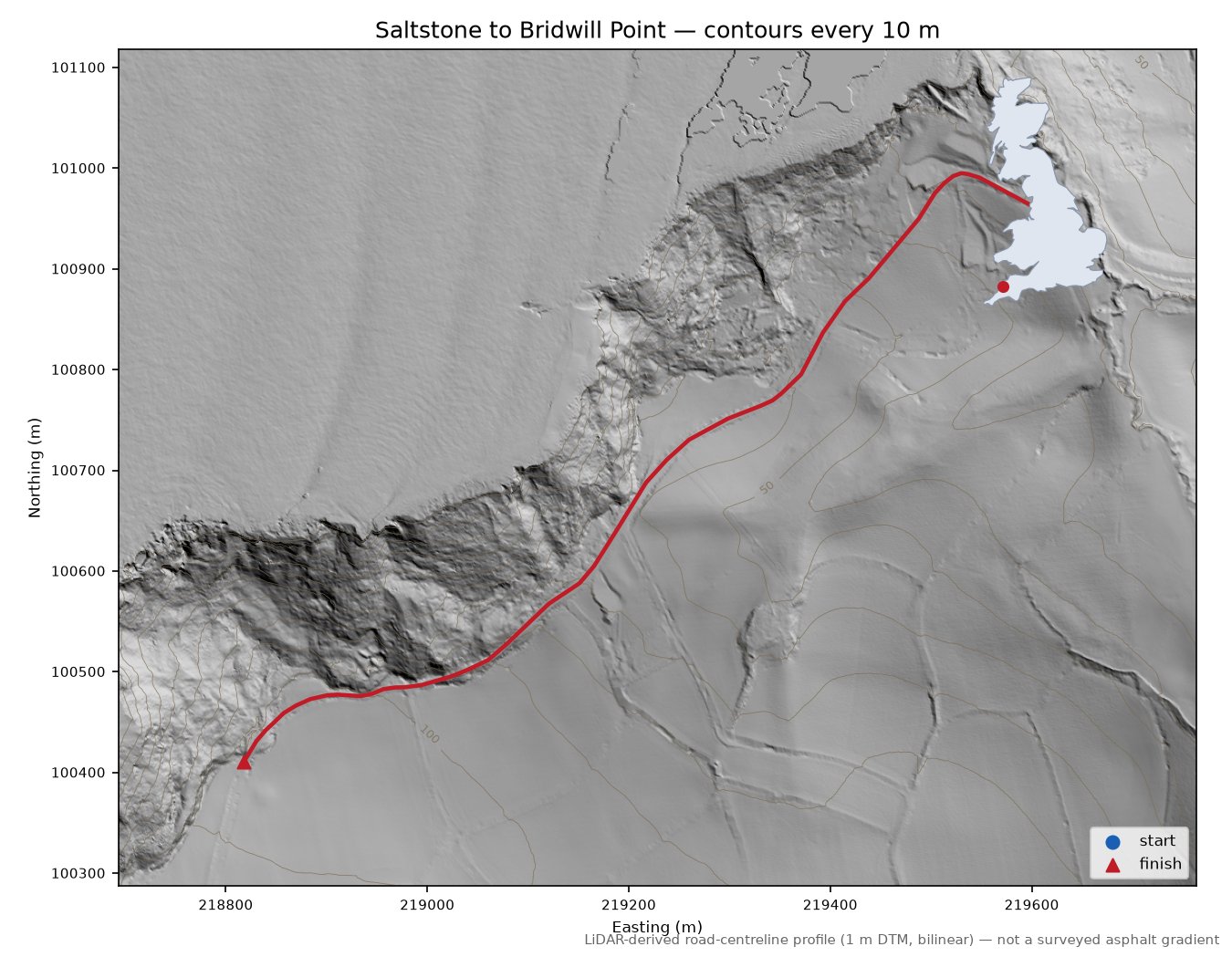 Saltstone to Bridwill Point LiDAR hillshade map with contours