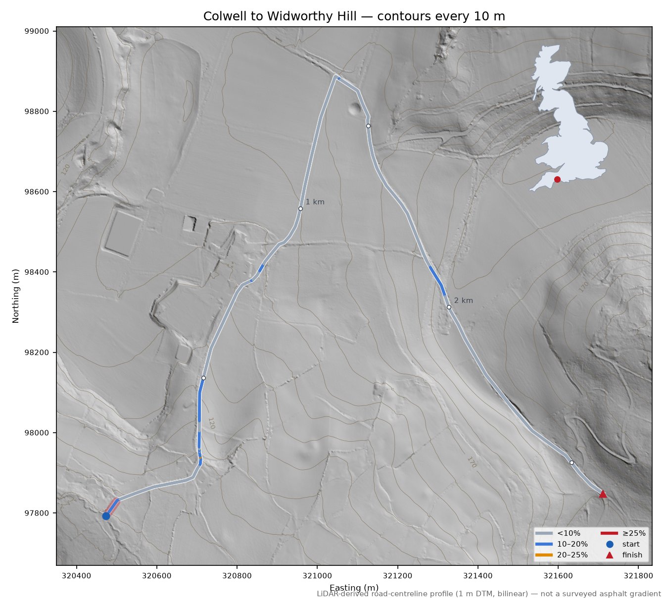 Colwell to Widworthy Hill LiDAR hillshade map with contours