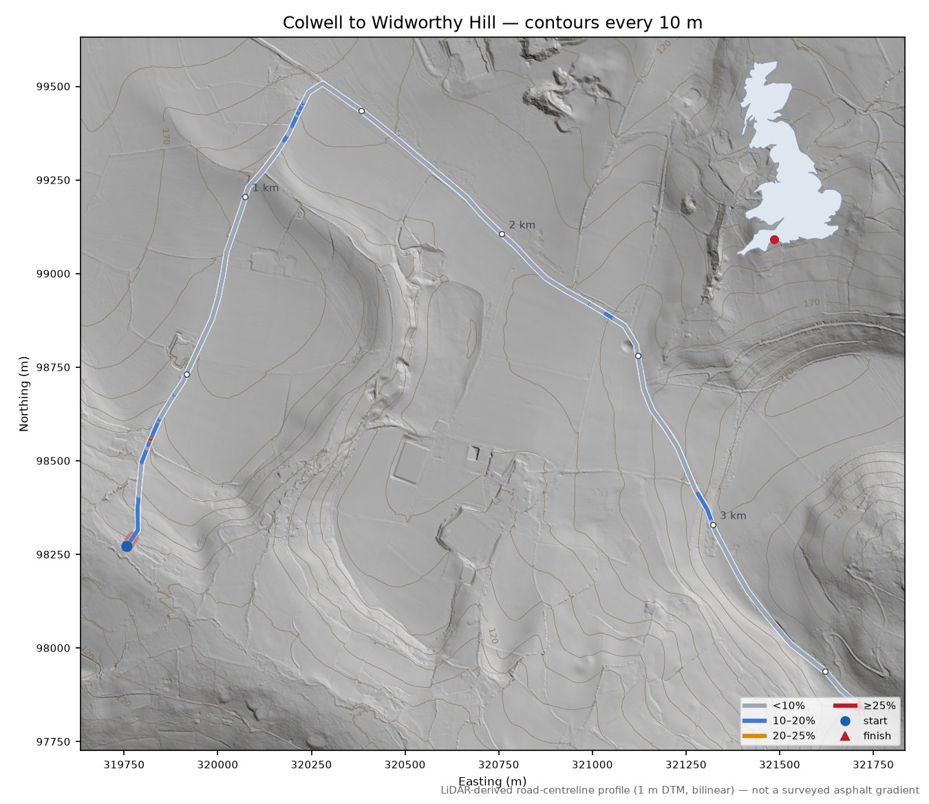 Colwell to Widworthy Hill LiDAR hillshade map with contours