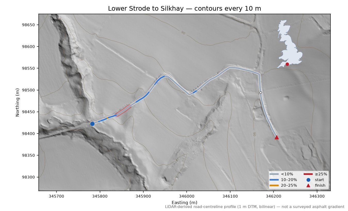 Lower Strode to Silkhay LiDAR hillshade map with contours