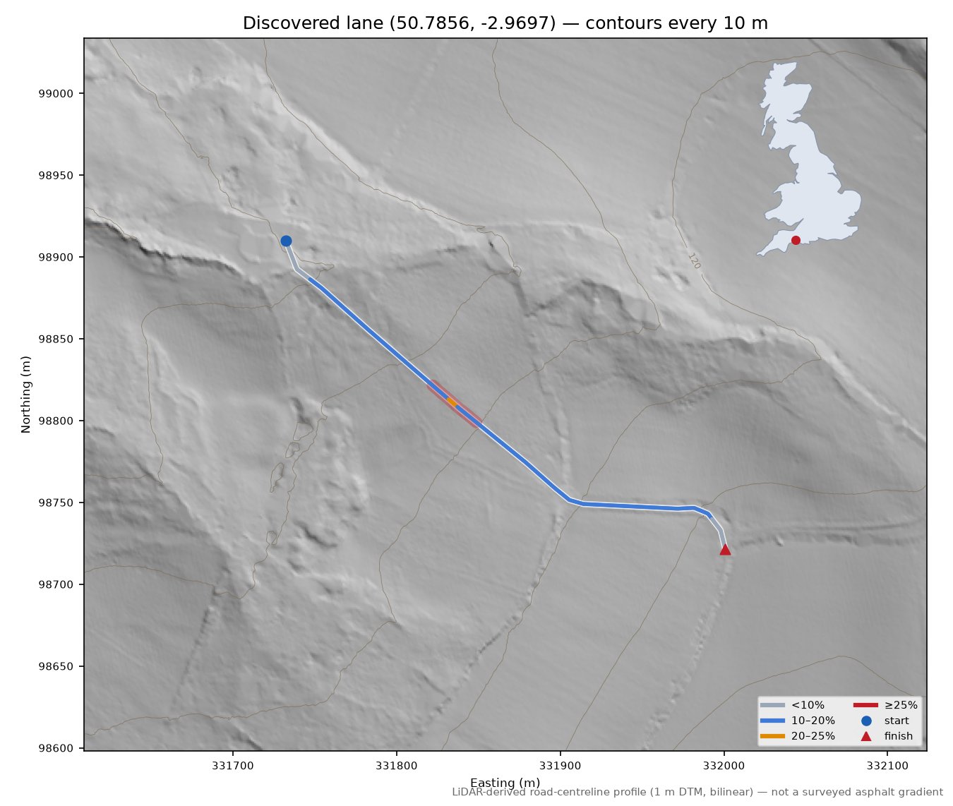 Discovered lane (50.7856, -2.9697) LiDAR hillshade map with contours