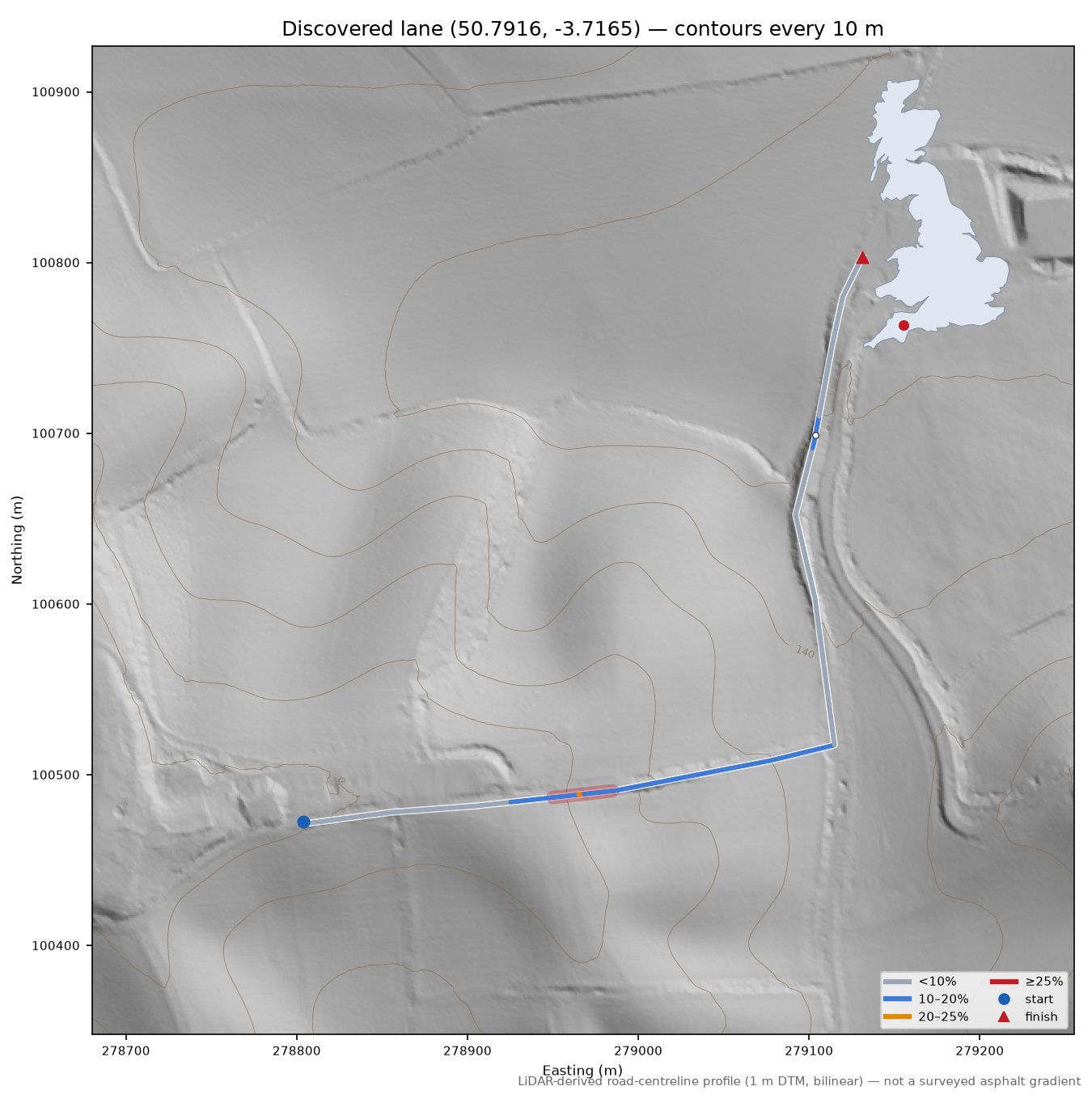 Discovered lane (50.7916, -3.7165) LiDAR hillshade map with contours