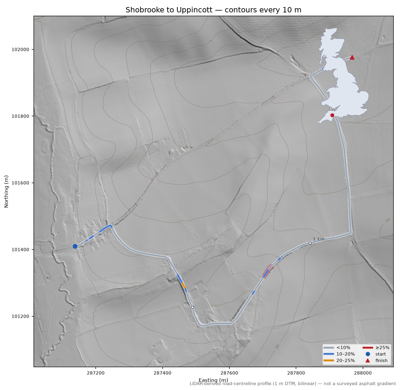 Shobrooke to Uppincott LiDAR hillshade map with contours