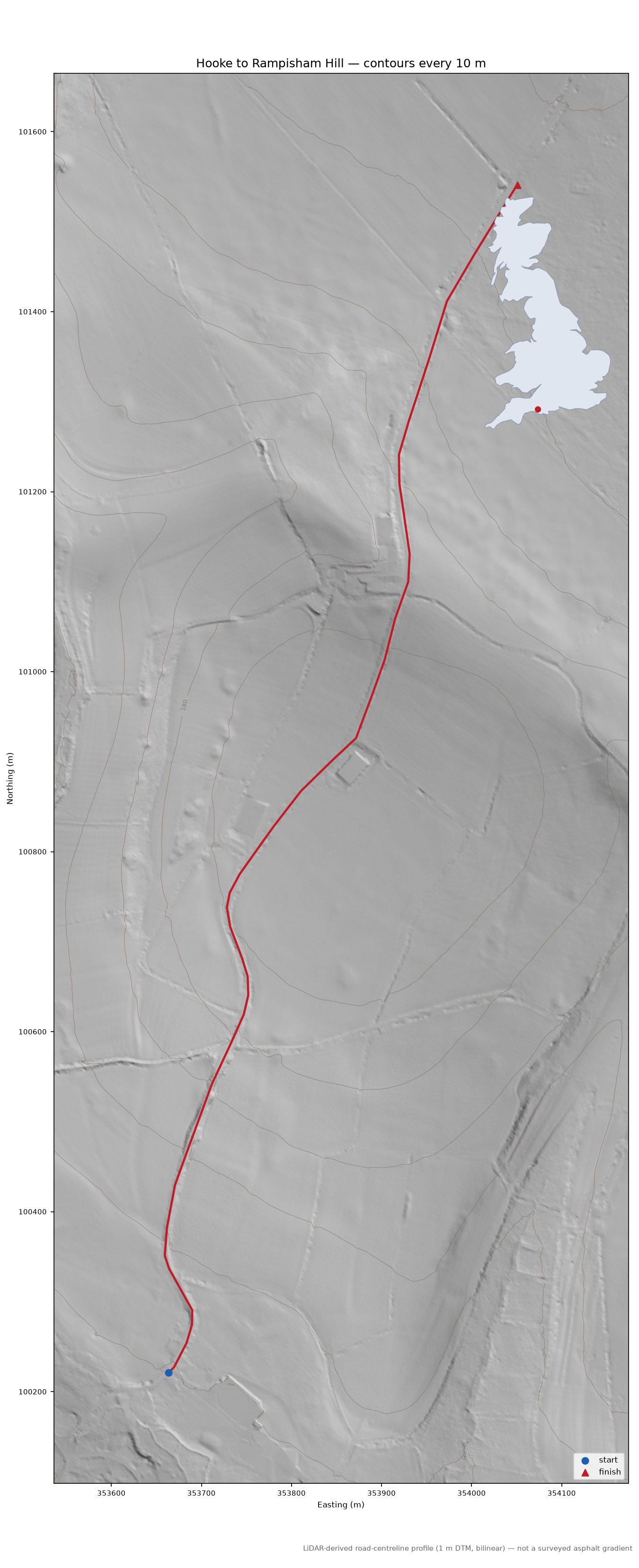 Hooke to Rampisham Hill LiDAR hillshade map with contours