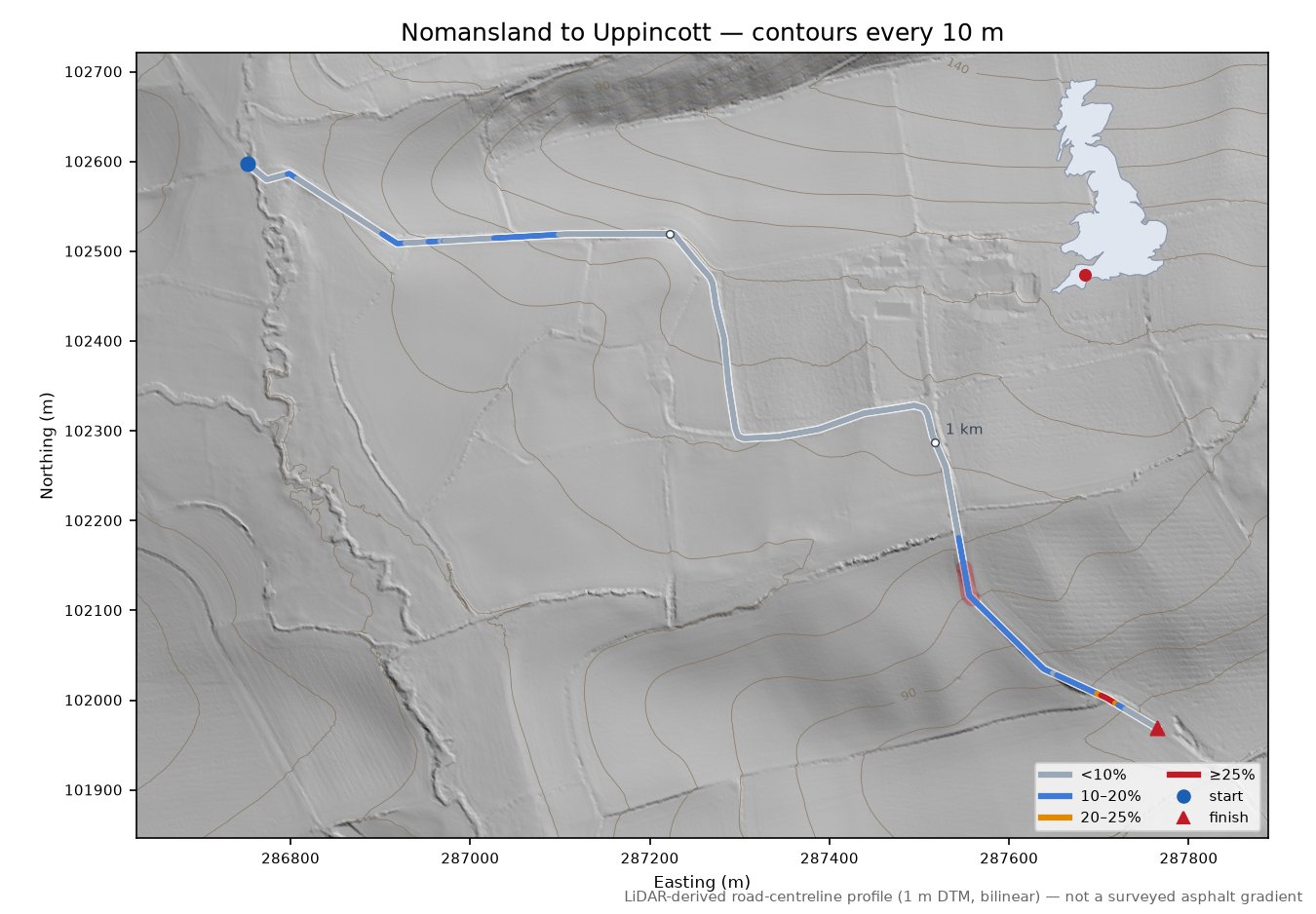 Nomansland to Uppincott LiDAR hillshade map with contours