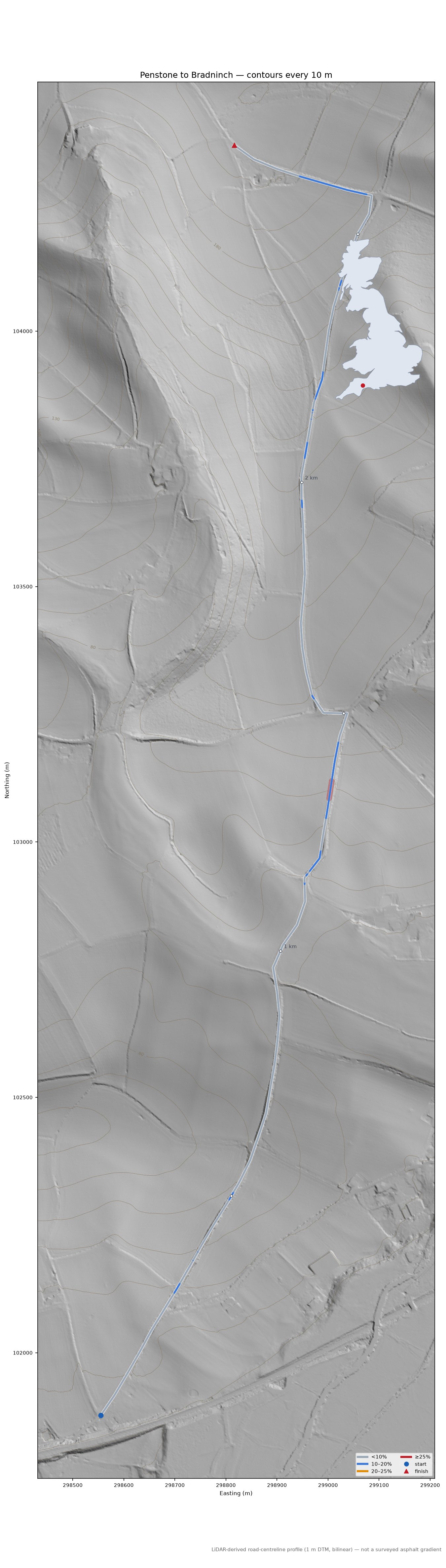 Penstone to Bradninch LiDAR hillshade map with contours