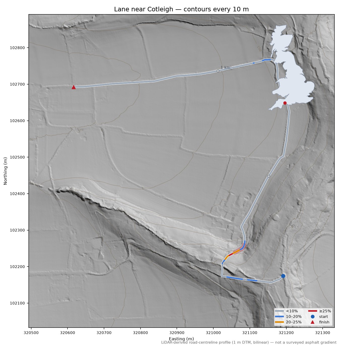 Lane near Cotleigh LiDAR hillshade map with contours