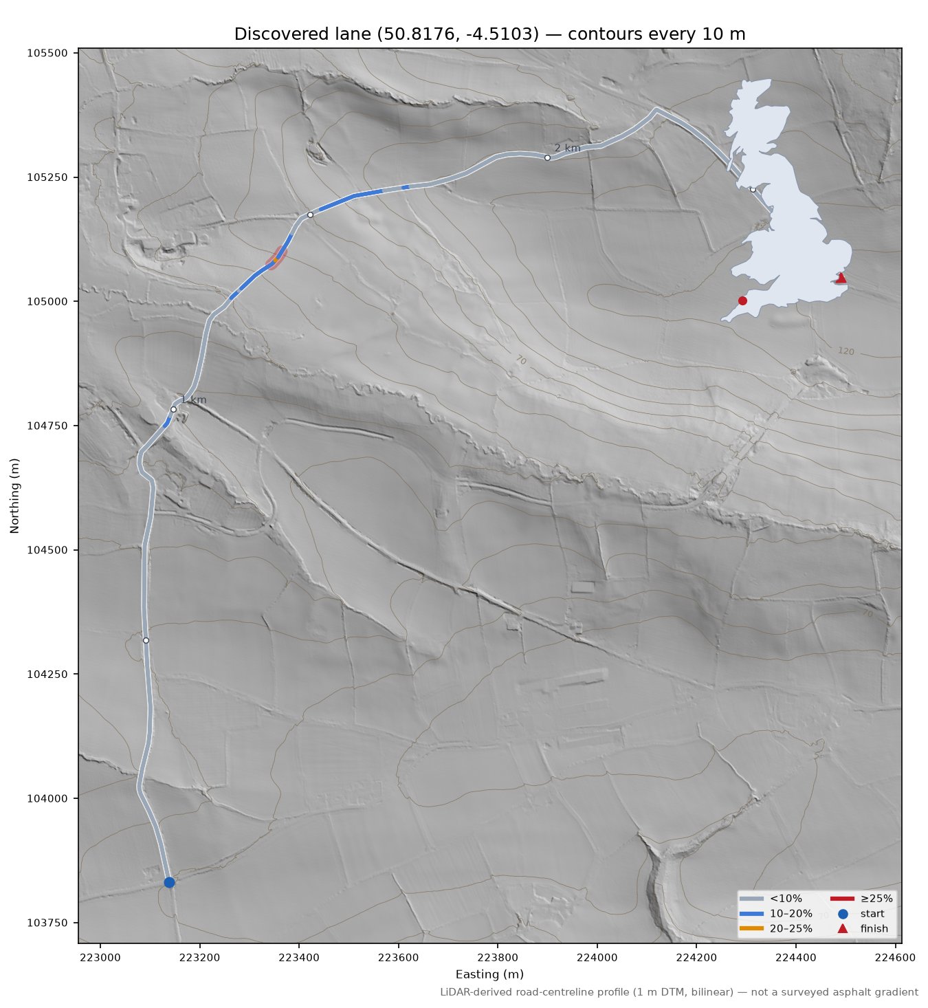 Discovered lane (50.8176, -4.5103) LiDAR hillshade map with contours