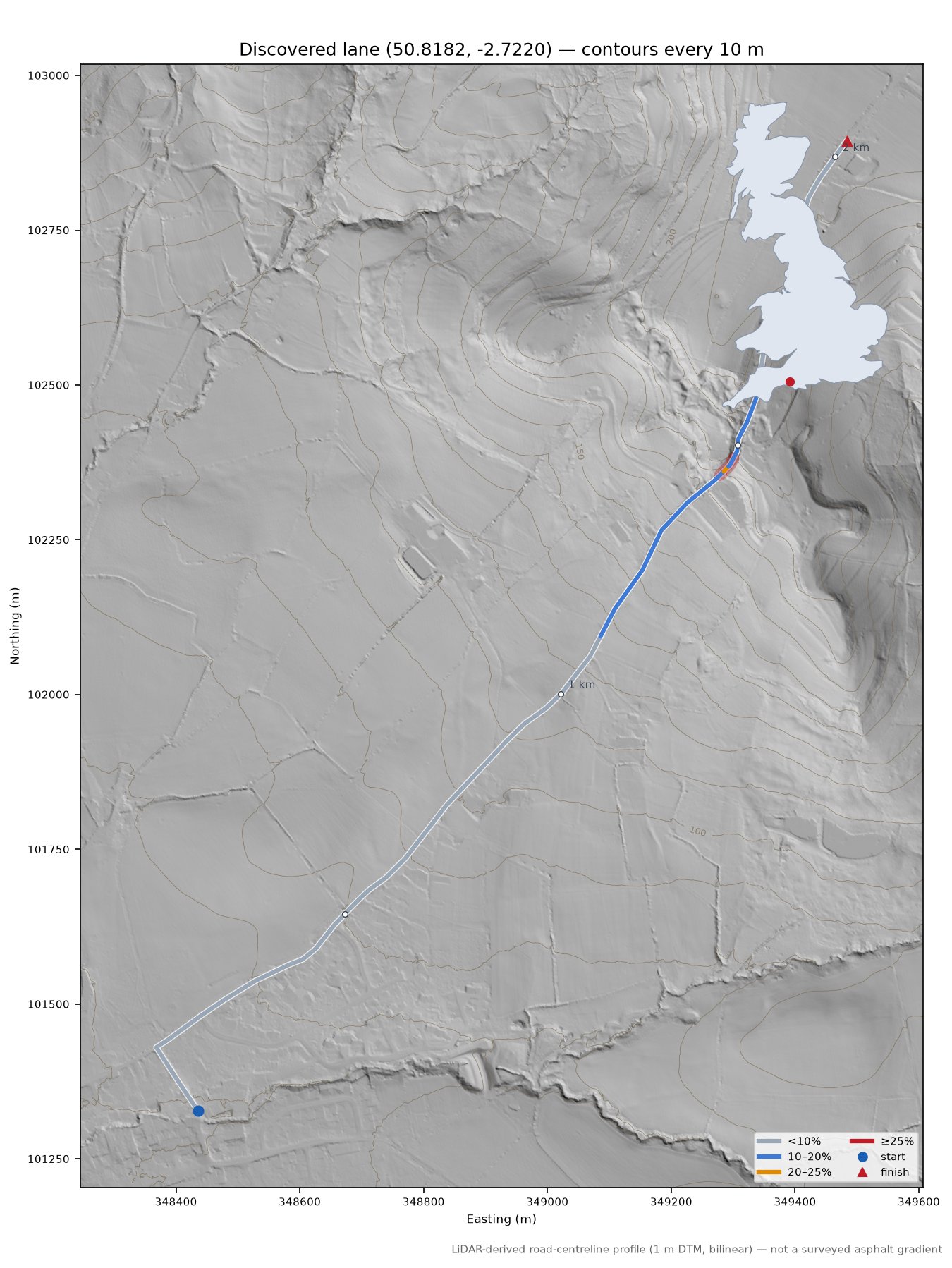 Discovered lane (50.8182, -2.7220) LiDAR hillshade map with contours
