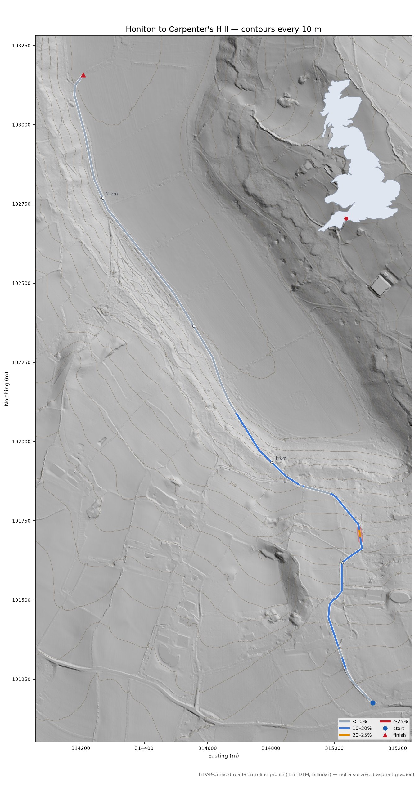 Honiton to Carpenter's Hill LiDAR hillshade map with contours