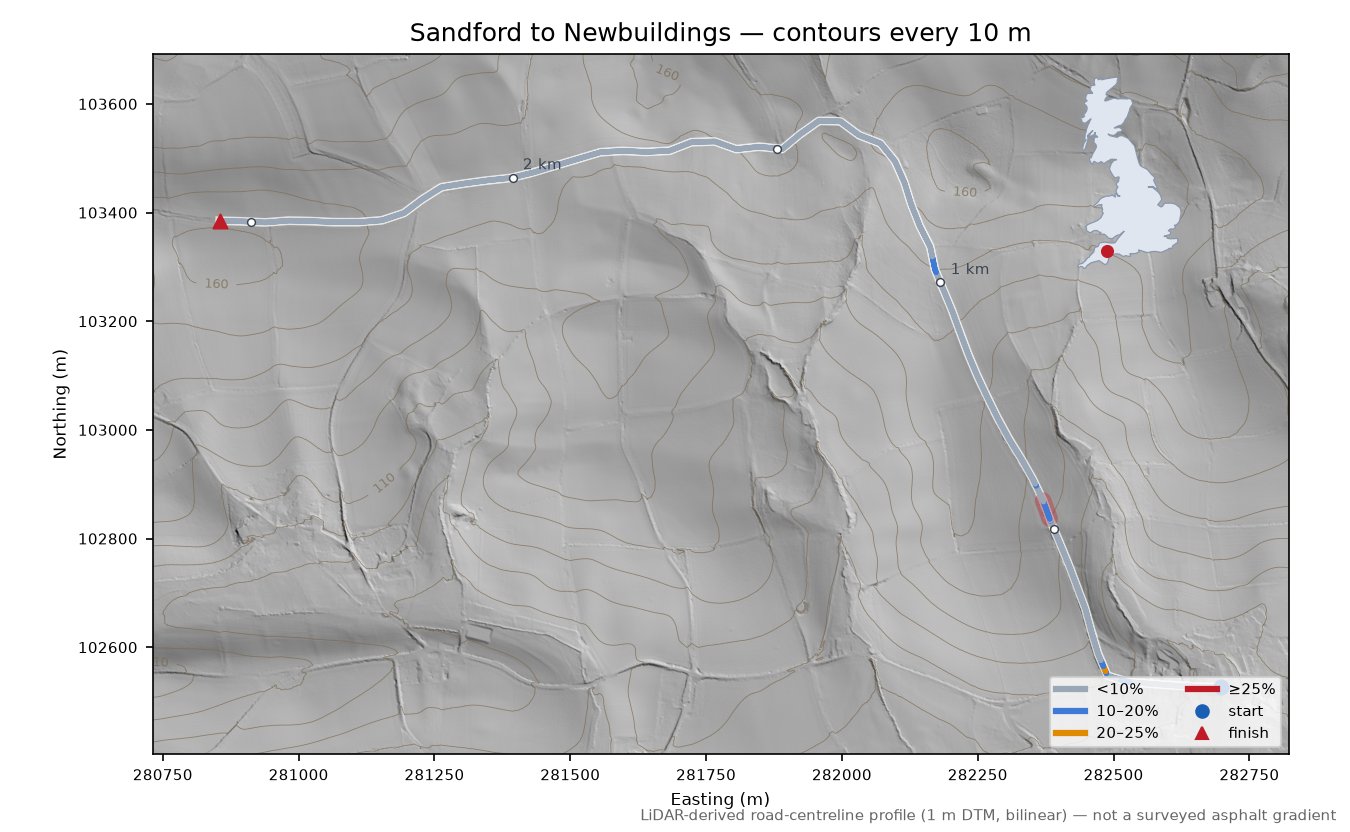 Sandford to Newbuildings LiDAR hillshade map with contours