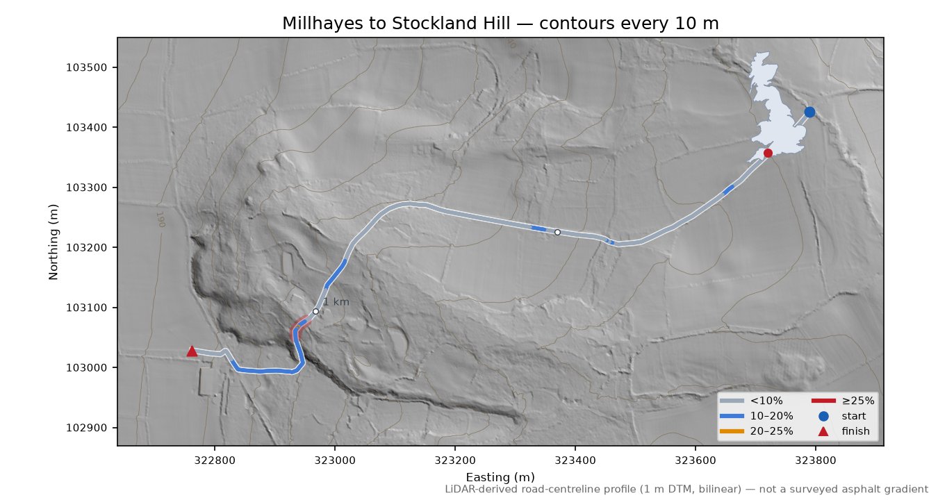 Millhayes to Stockland Hill LiDAR hillshade map with contours