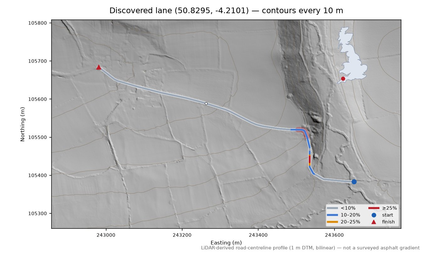Discovered lane (50.8295, -4.2101) LiDAR hillshade map with contours