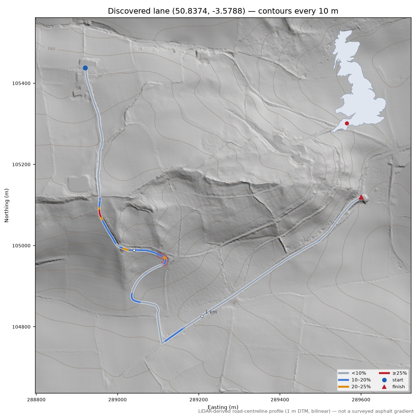 Discovered lane (50.8374, -3.5788) LiDAR hillshade map with contours