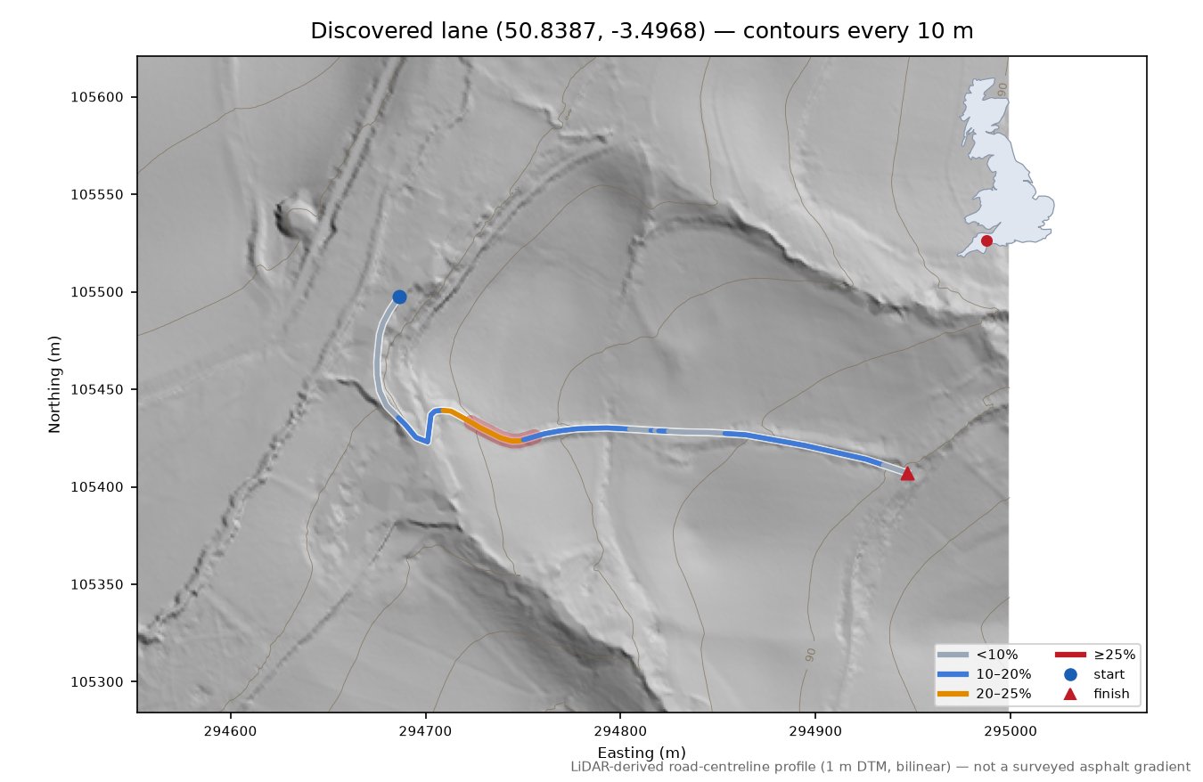 Discovered lane (50.8387, -3.4968) LiDAR hillshade map with contours