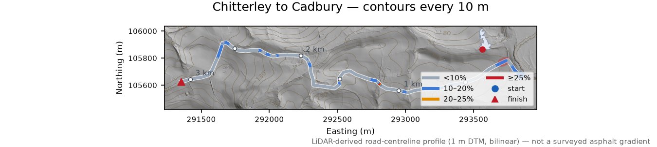 Chitterley to Cadbury LiDAR hillshade map with contours