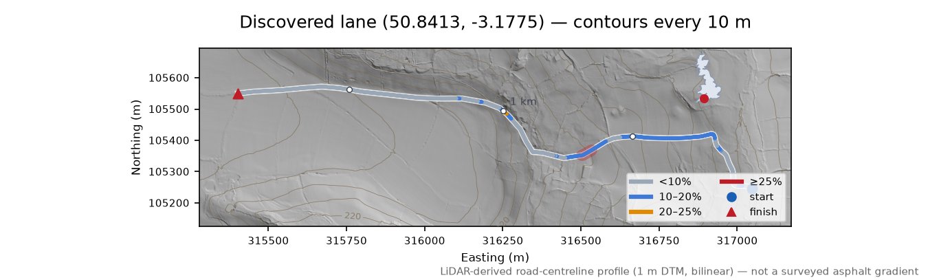 Discovered lane (50.8413, -3.1775) LiDAR hillshade map with contours