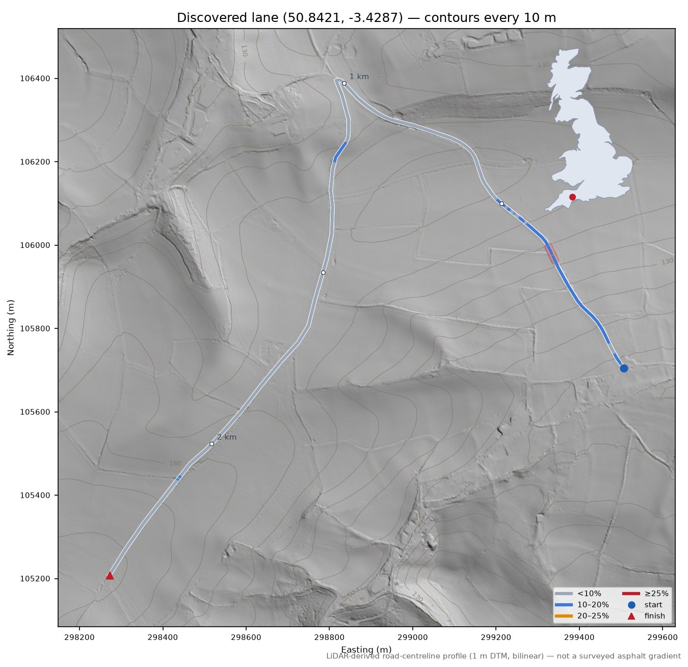 Discovered lane (50.8421, -3.4287) LiDAR hillshade map with contours