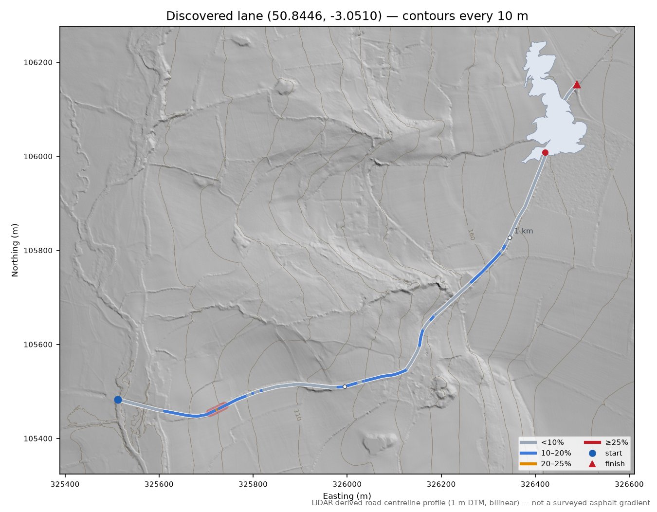 Discovered lane (50.8446, -3.0510) LiDAR hillshade map with contours