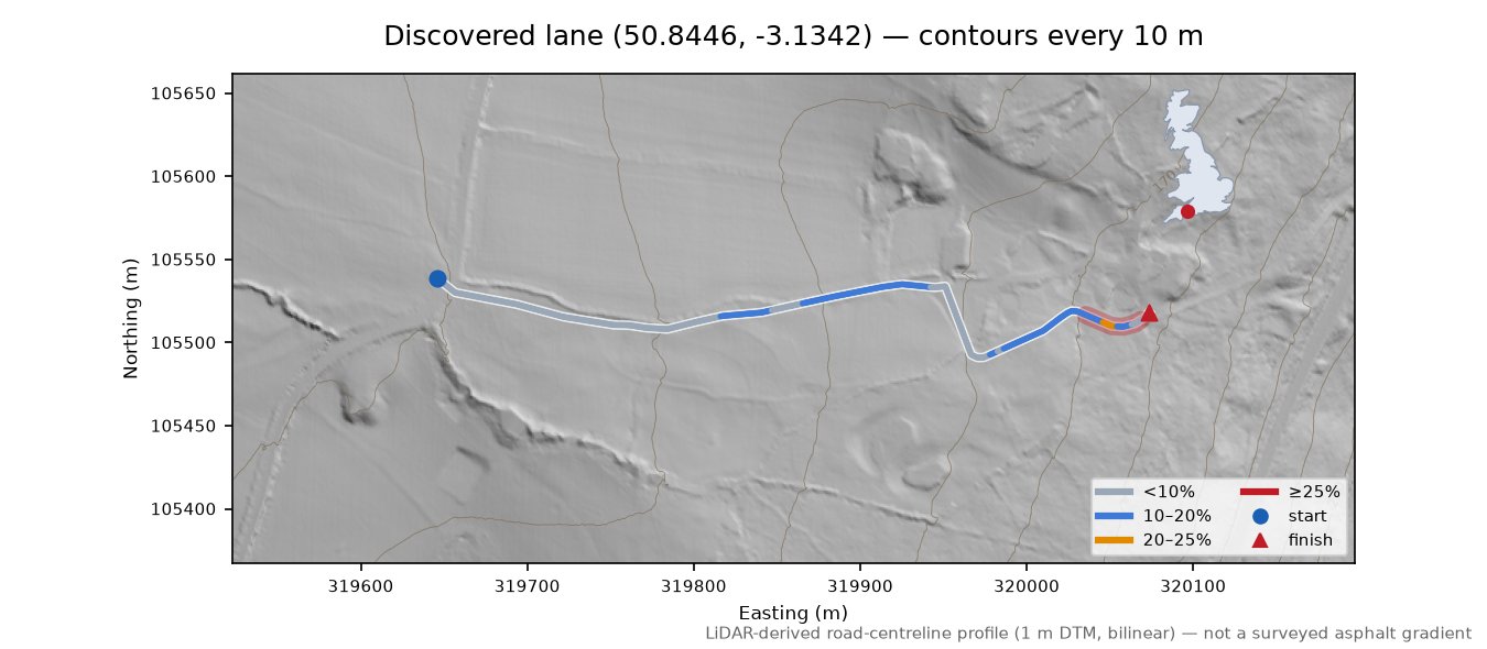Discovered lane (50.8446, -3.1342) LiDAR hillshade map with contours