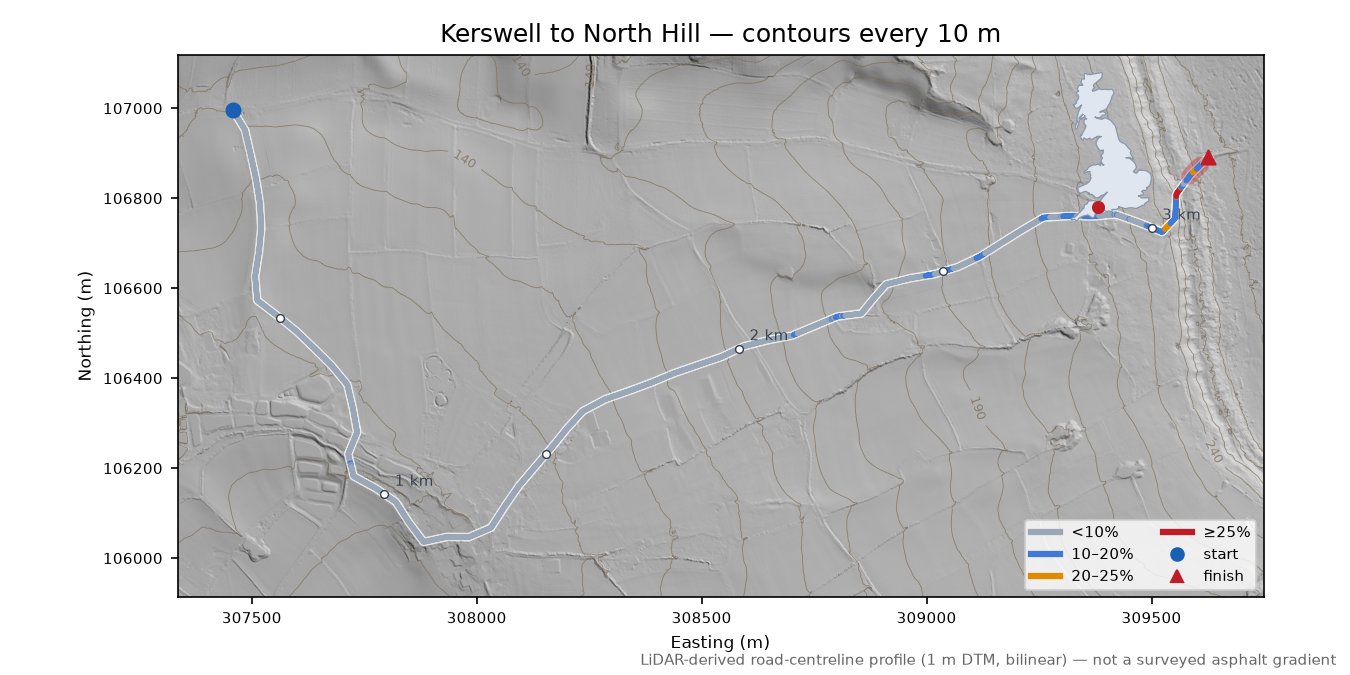 Kerswell to North Hill LiDAR hillshade map with contours