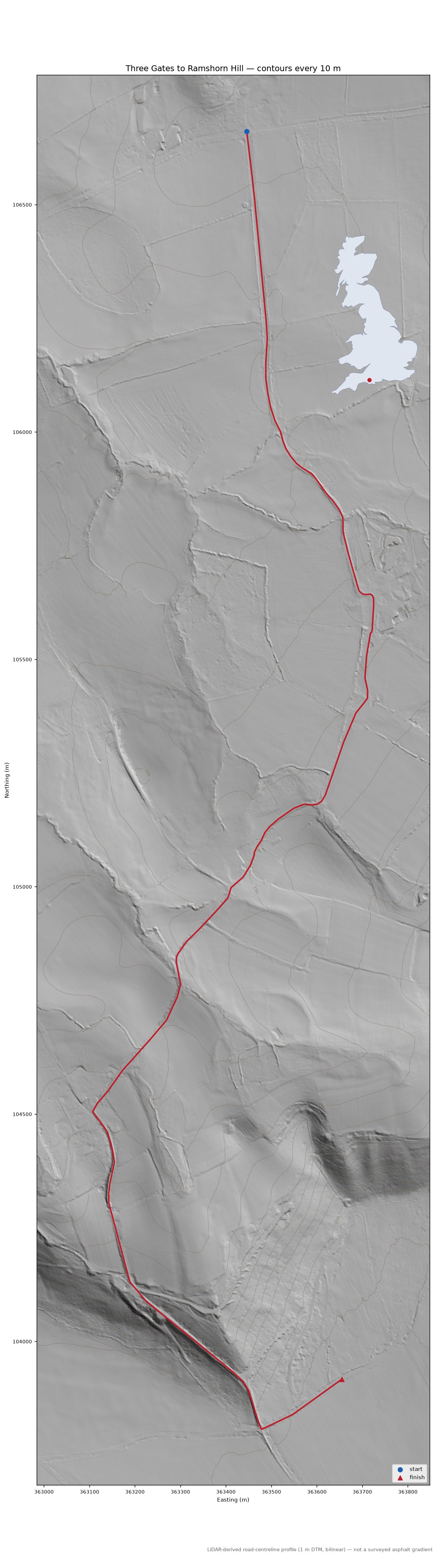 Three Gates to Ramshorn Hill LiDAR hillshade map with contours