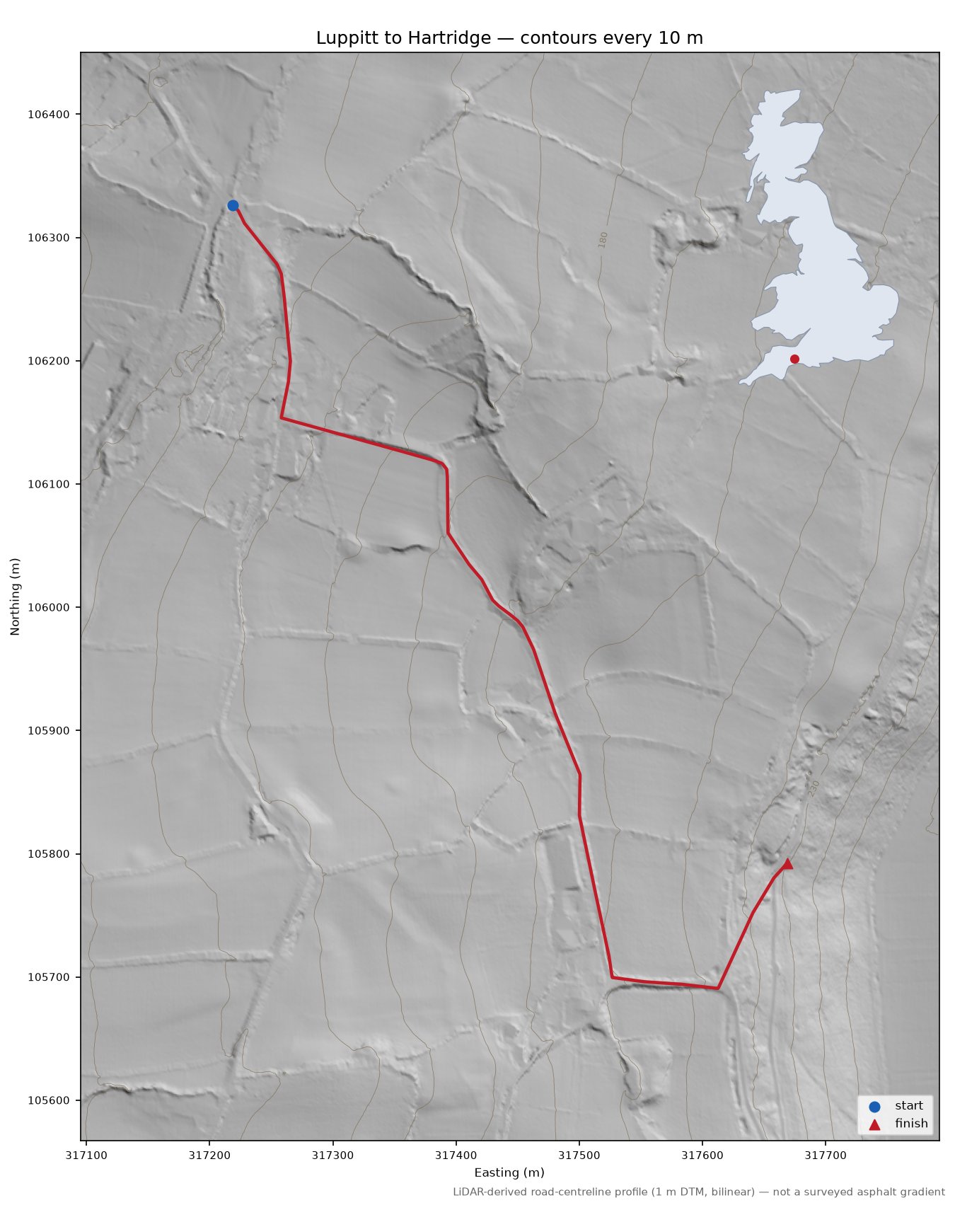 Luppitt to Hartridge LiDAR hillshade map with contours
