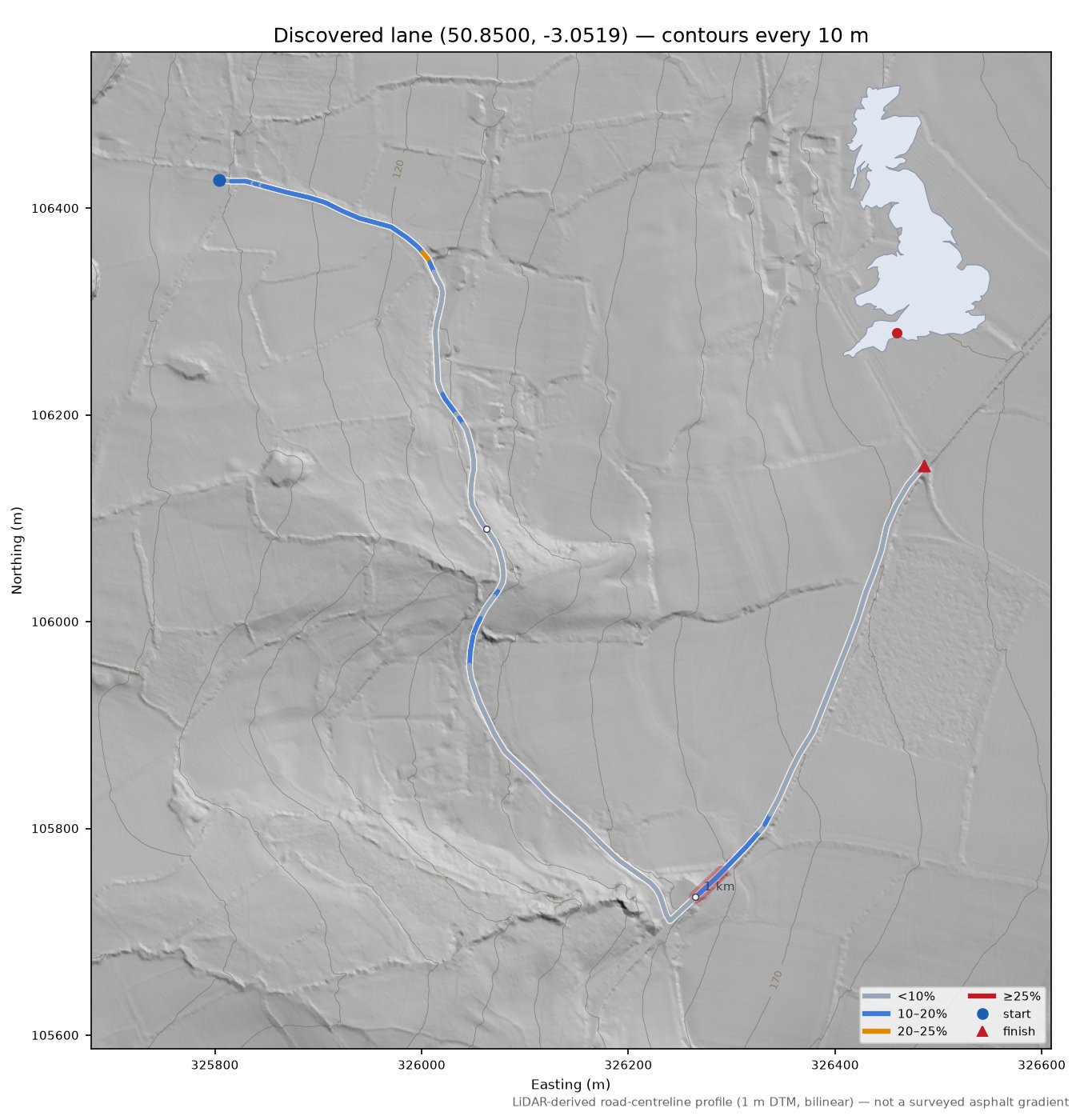 Discovered lane (50.8500, -3.0519) LiDAR hillshade map with contours