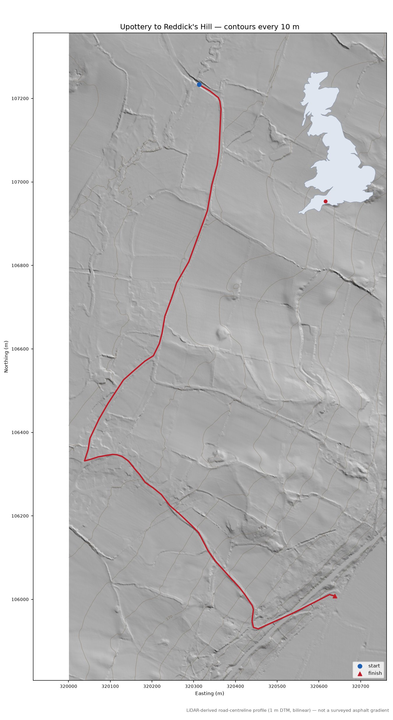 Upottery to Reddick's Hill LiDAR hillshade map with contours