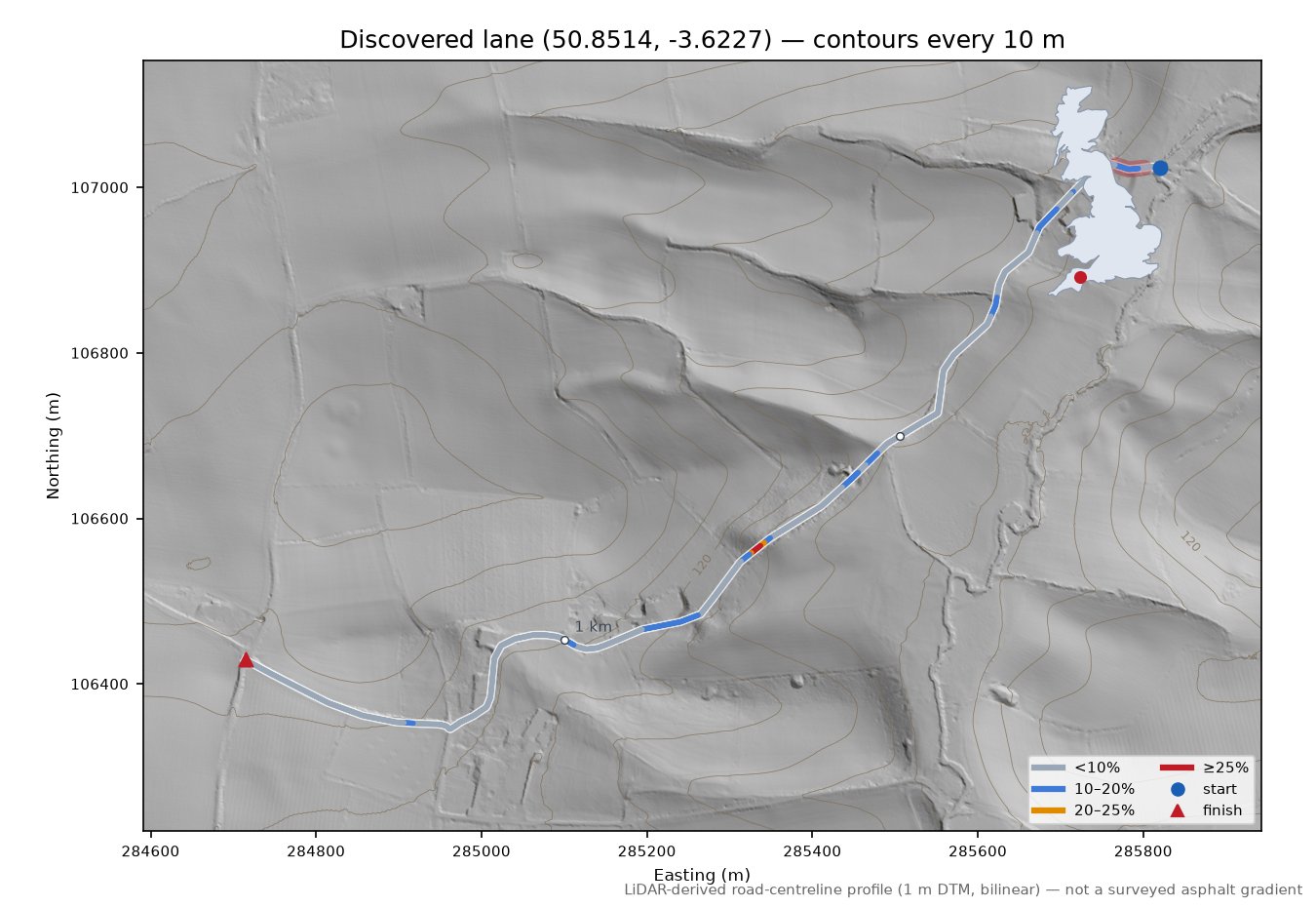 Discovered lane (50.8514, -3.6227) LiDAR hillshade map with contours