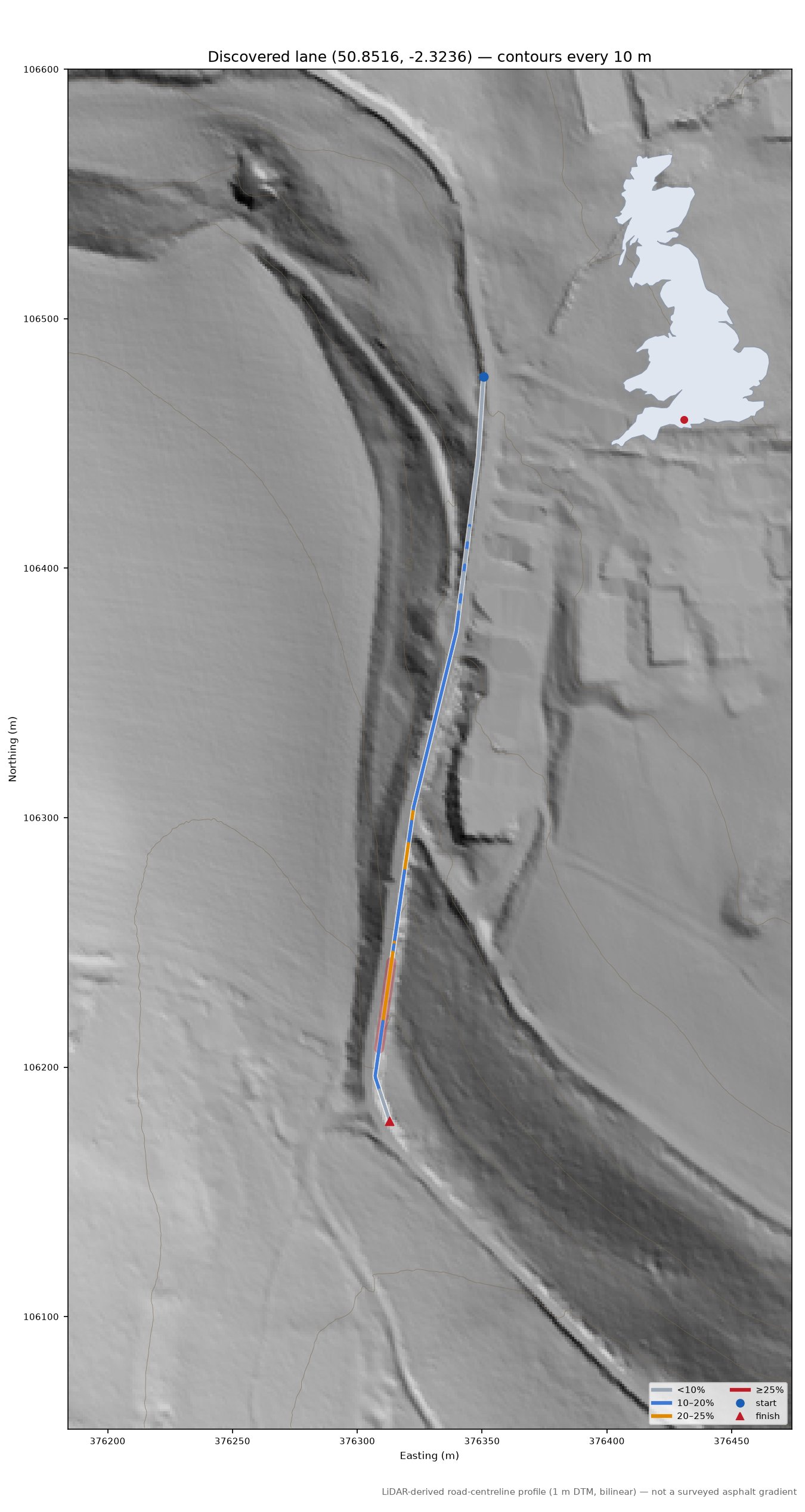 Discovered lane (50.8516, -2.3236) LiDAR hillshade map with contours