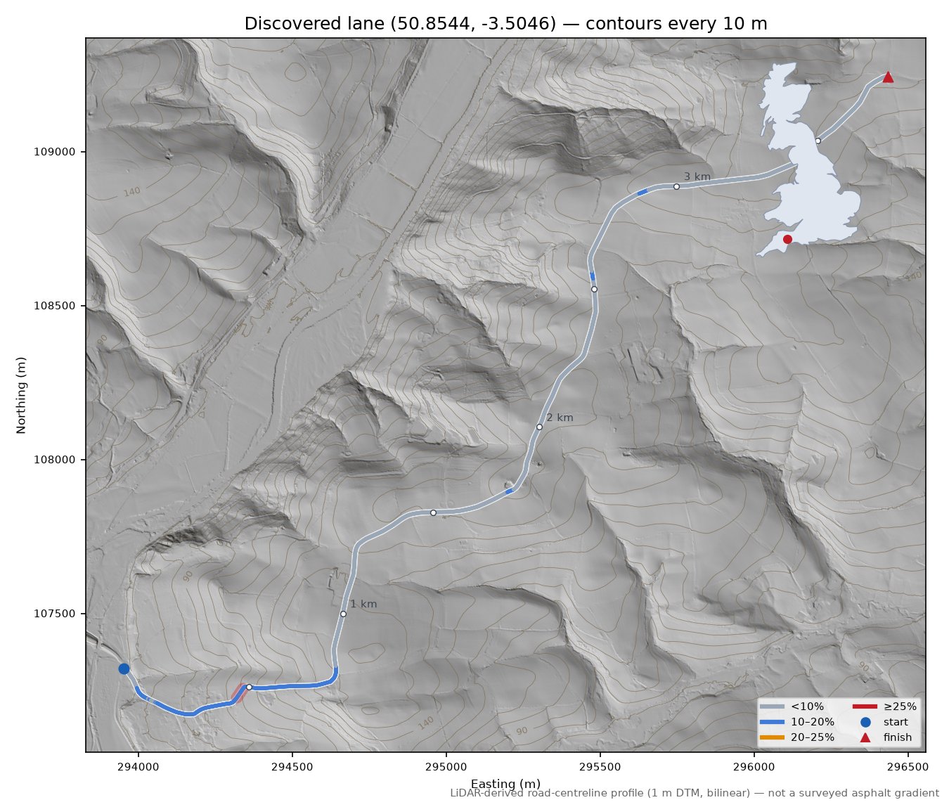 Discovered lane (50.8544, -3.5046) LiDAR hillshade map with contours