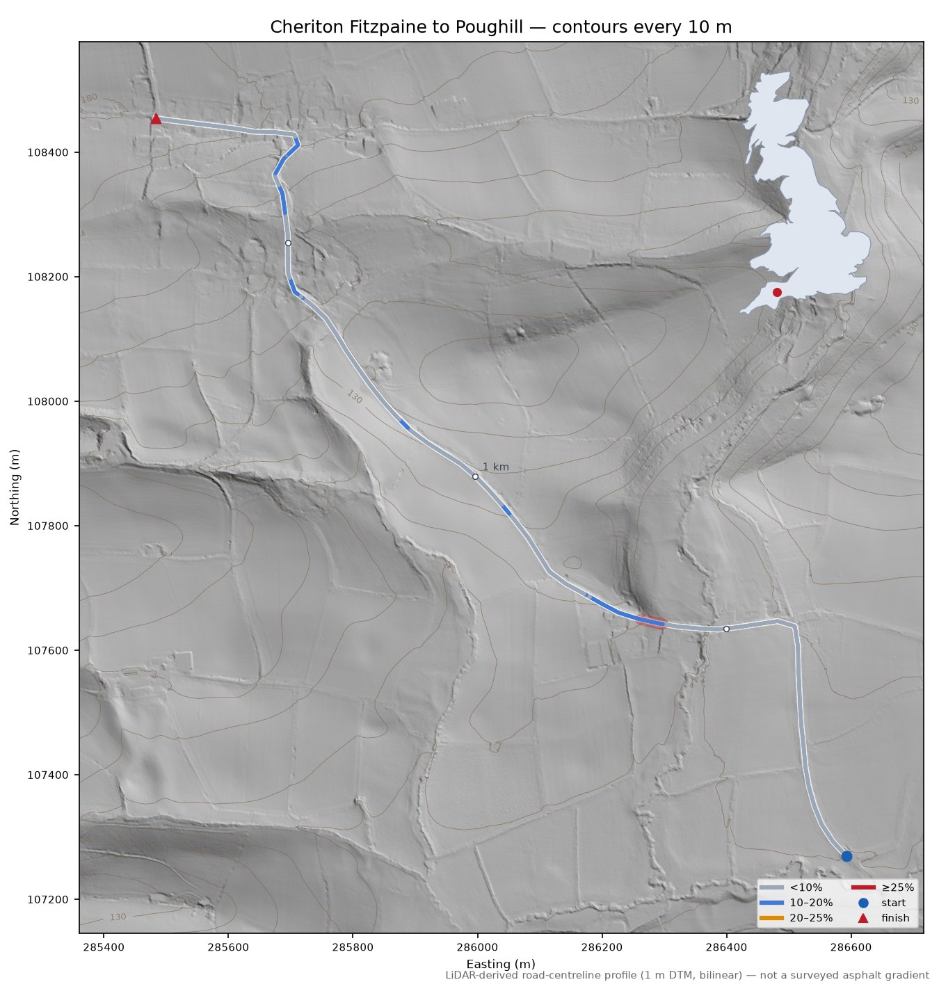 Cheriton Fitzpaine to Poughill LiDAR hillshade map with contours