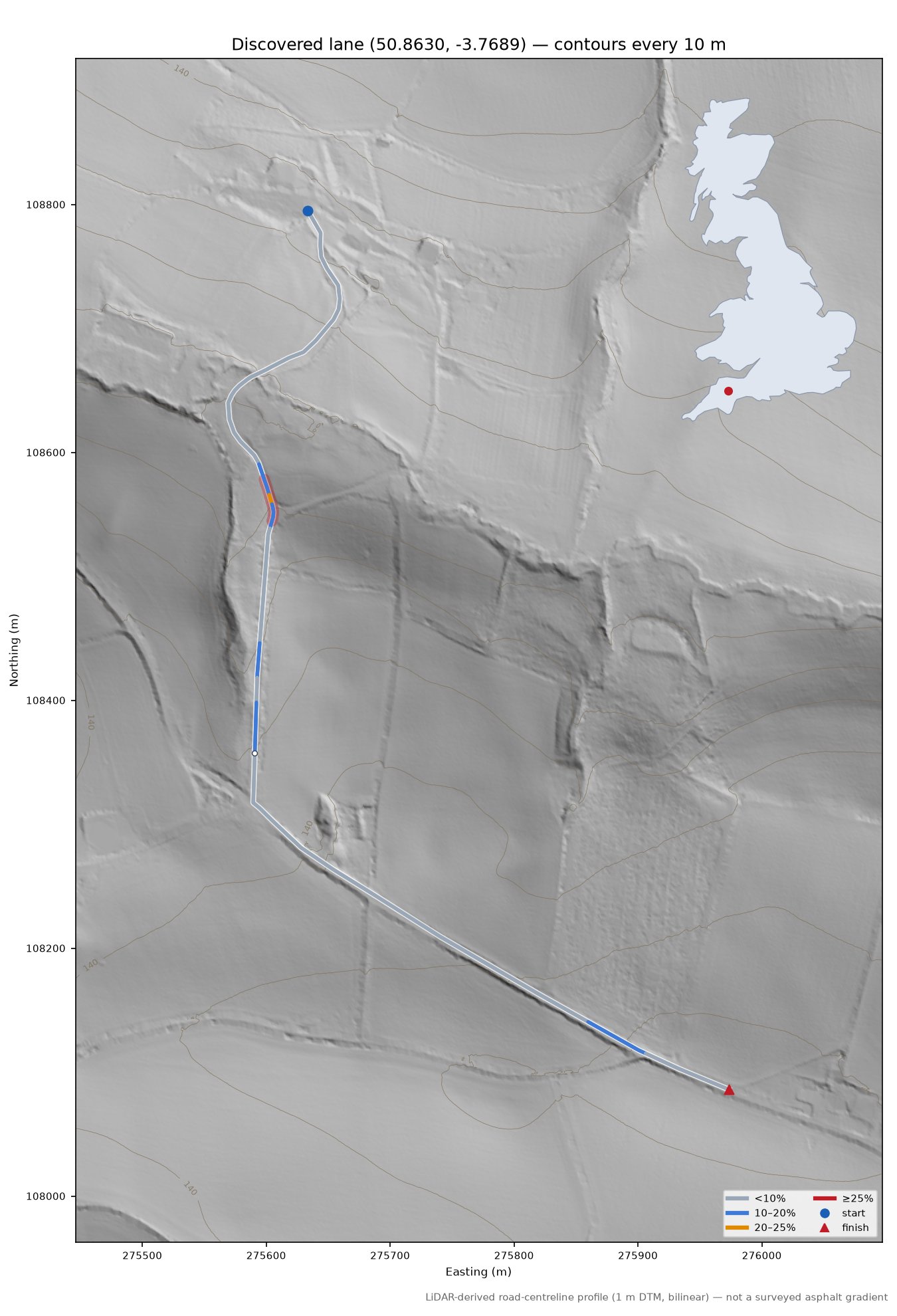 Discovered lane (50.8630, -3.7689) LiDAR hillshade map with contours