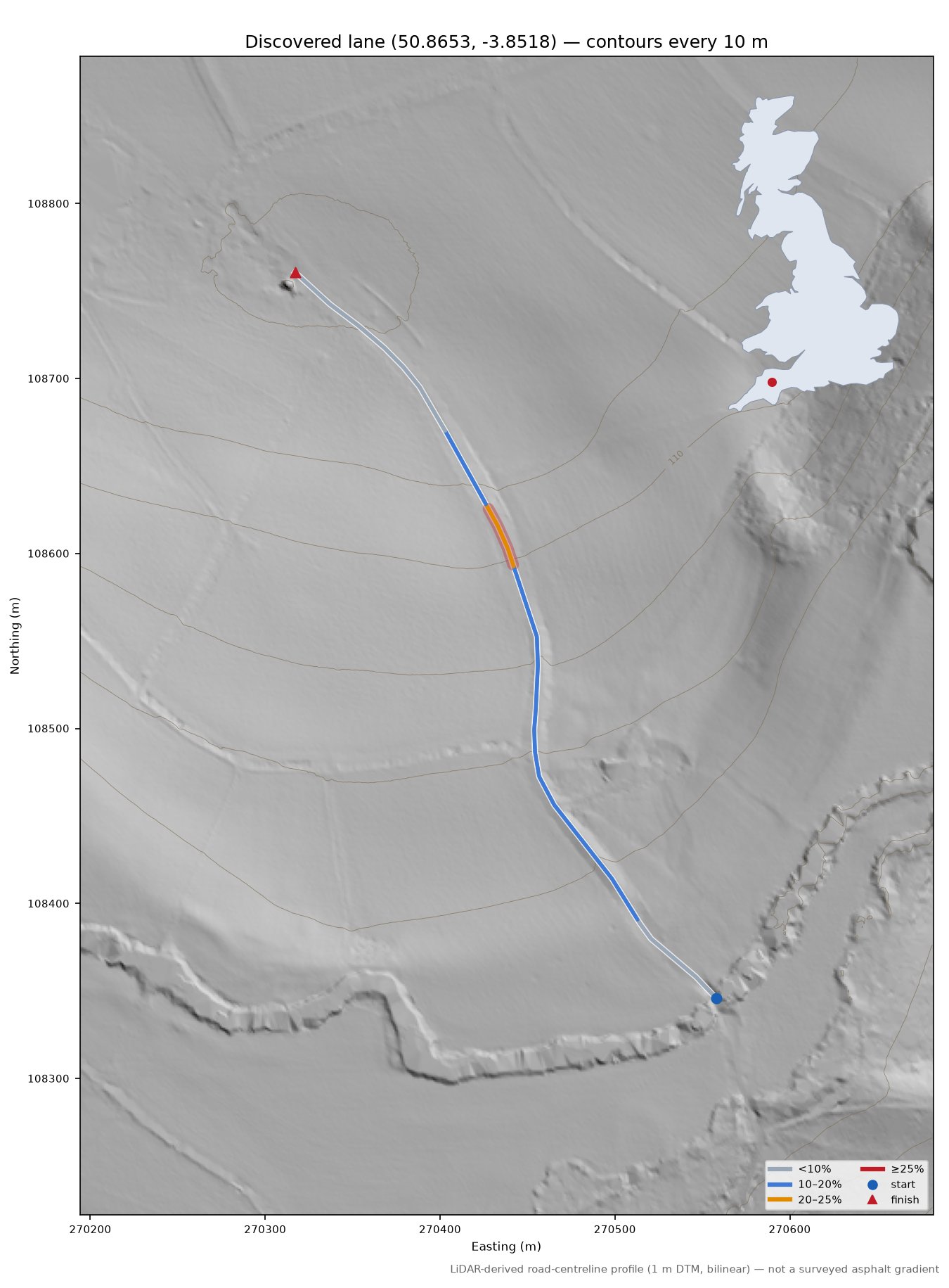 Discovered lane (50.8653, -3.8518) LiDAR hillshade map with contours
