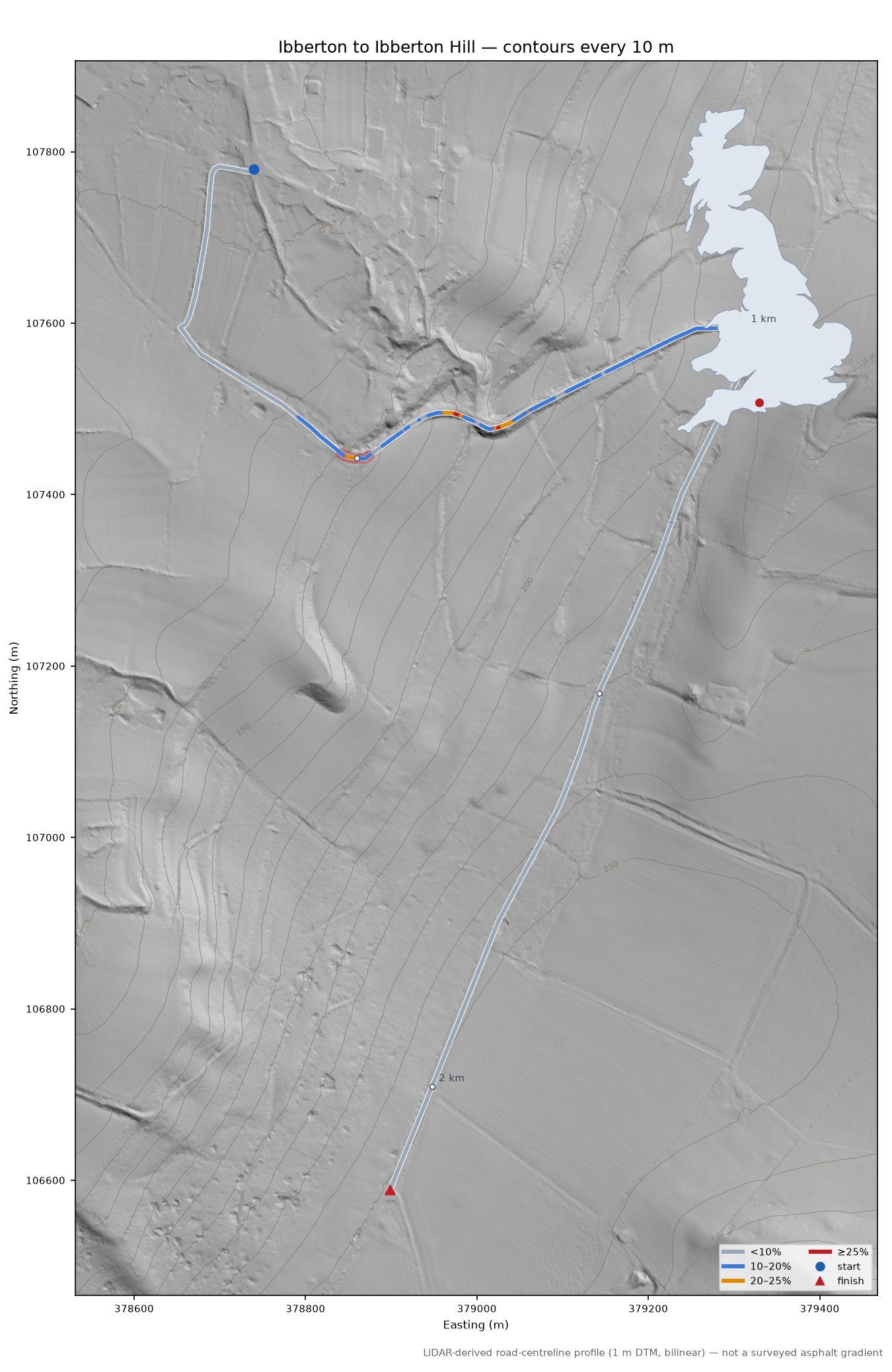 Ibberton to Ibberton Hill LiDAR hillshade map with contours