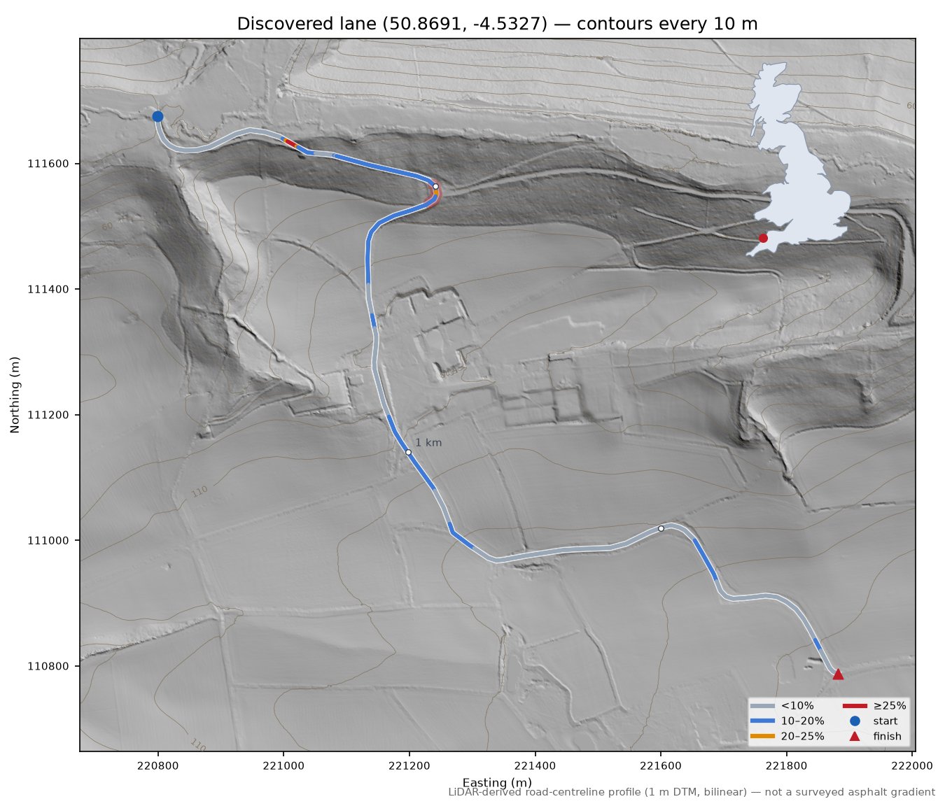Discovered lane (50.8691, -4.5327) LiDAR hillshade map with contours