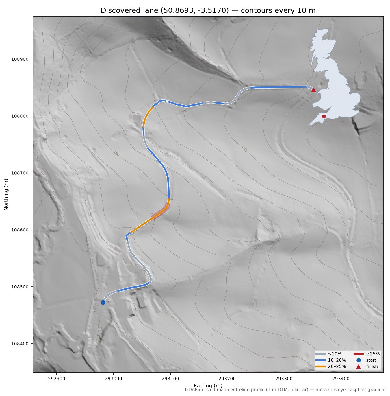 Discovered lane (50.8693, -3.5170) LiDAR hillshade map with contours