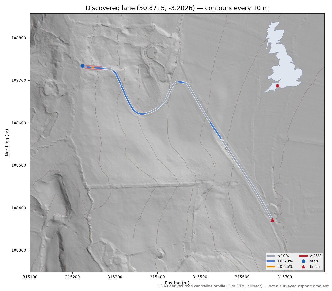 Discovered lane (50.8715, -3.2026) LiDAR hillshade map with contours