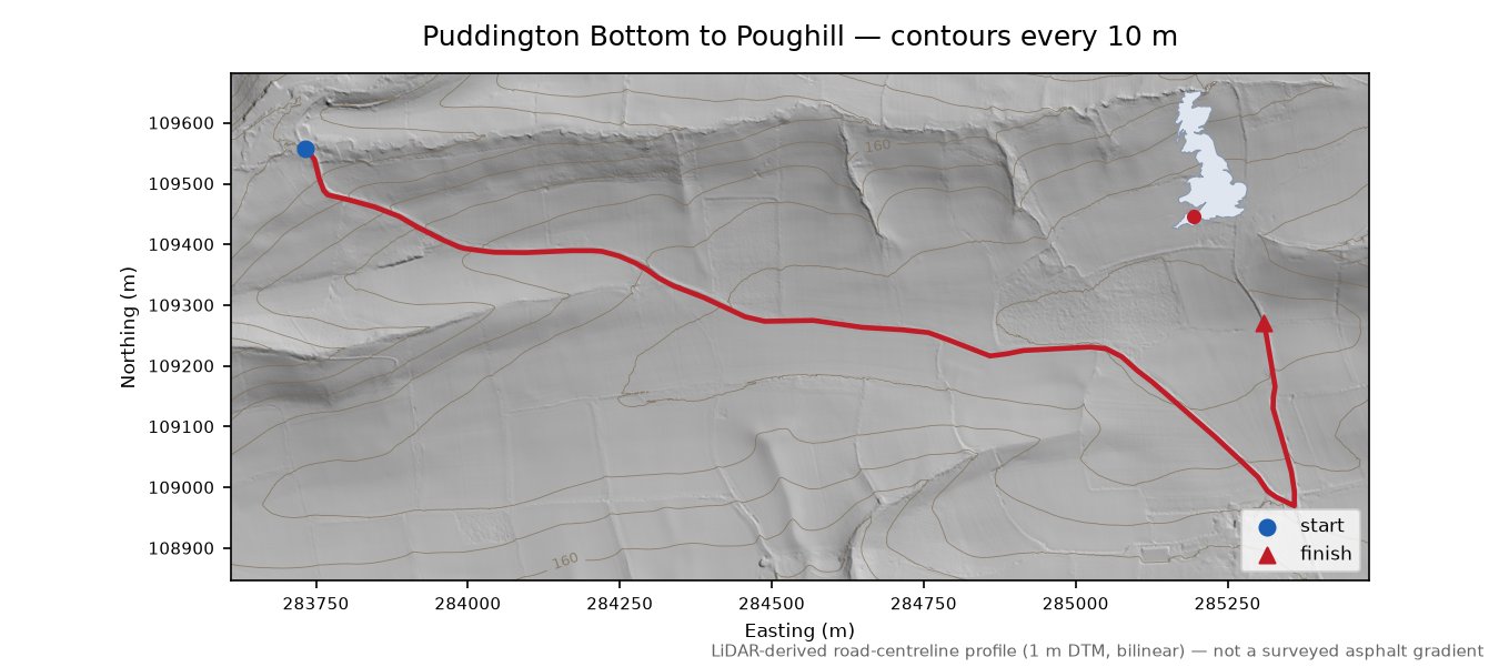 Puddington Bottom to Poughill LiDAR hillshade map with contours