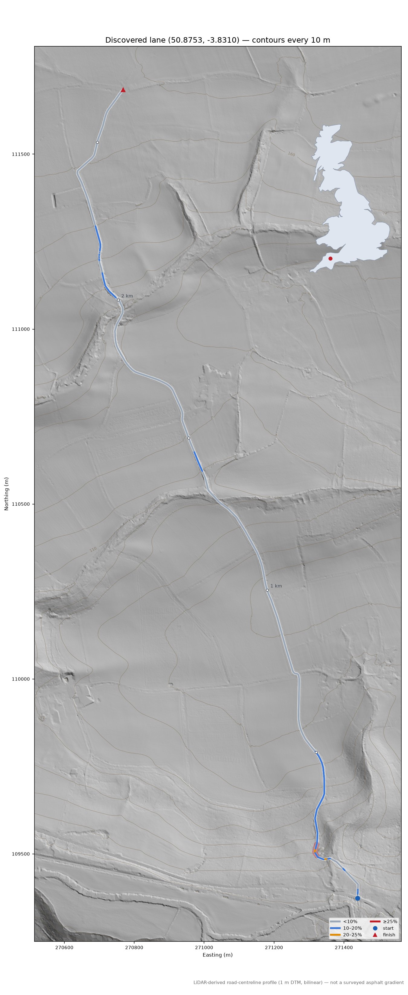 Discovered lane (50.8753, -3.8310) LiDAR hillshade map with contours